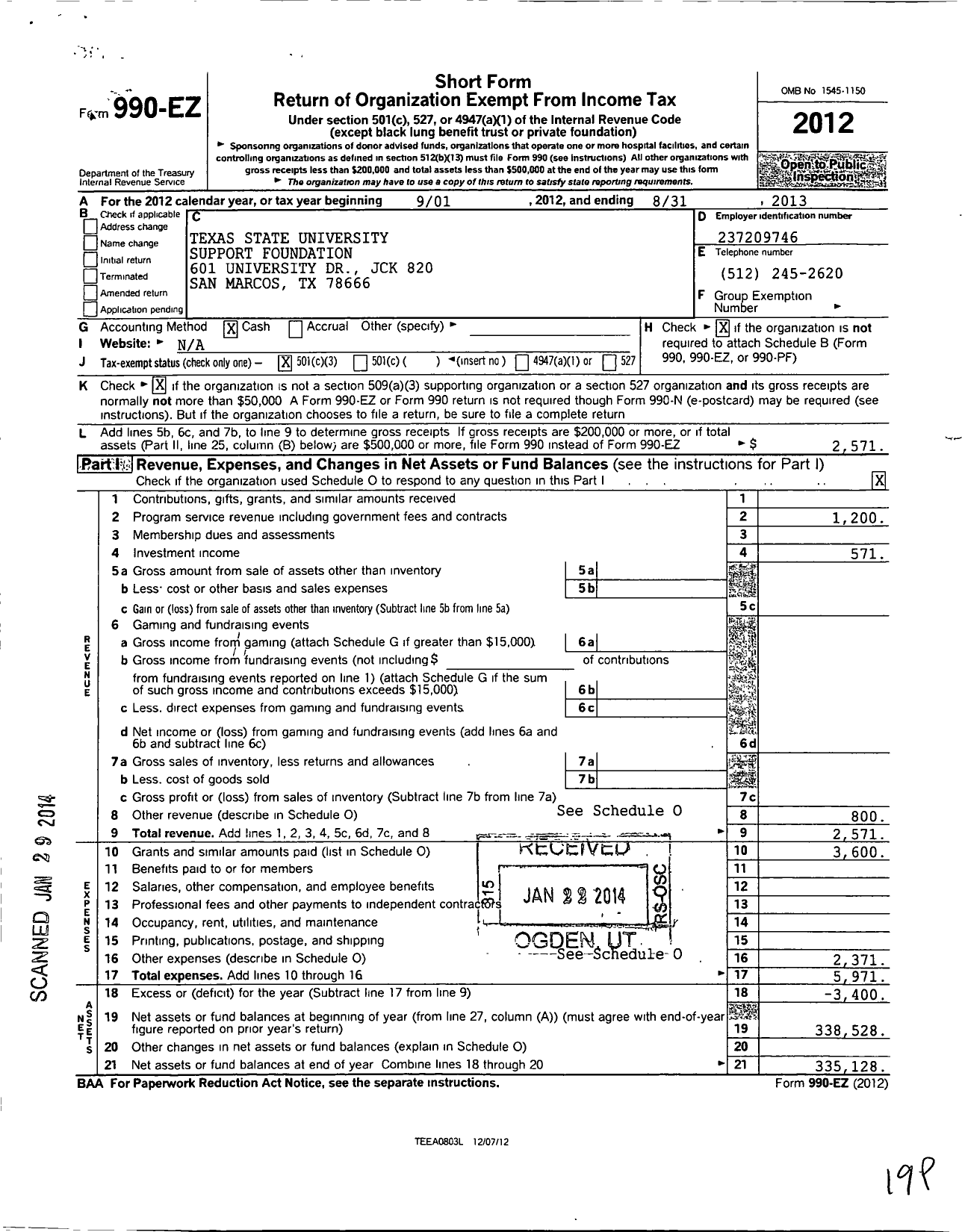Image of first page of 2012 Form 990EZ for Texas State University Support Foundation