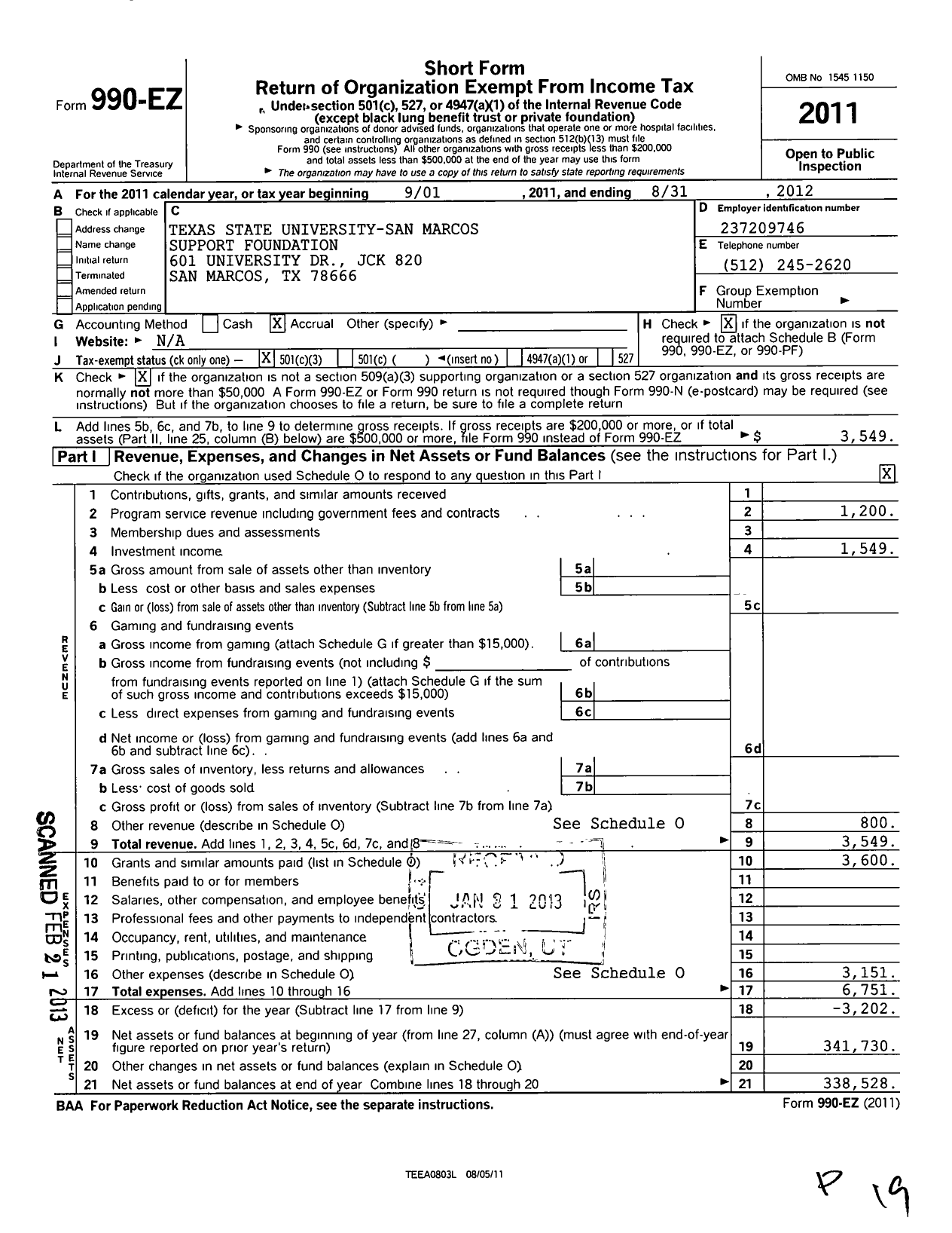 Image of first page of 2011 Form 990EZ for Texas State University Support Foundation