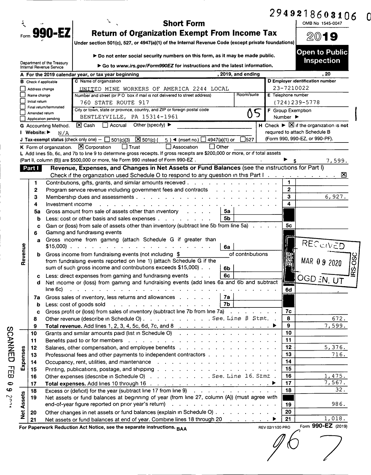 Image of first page of 2019 Form 990EO for United Mine Workers of America International - 2244 Local