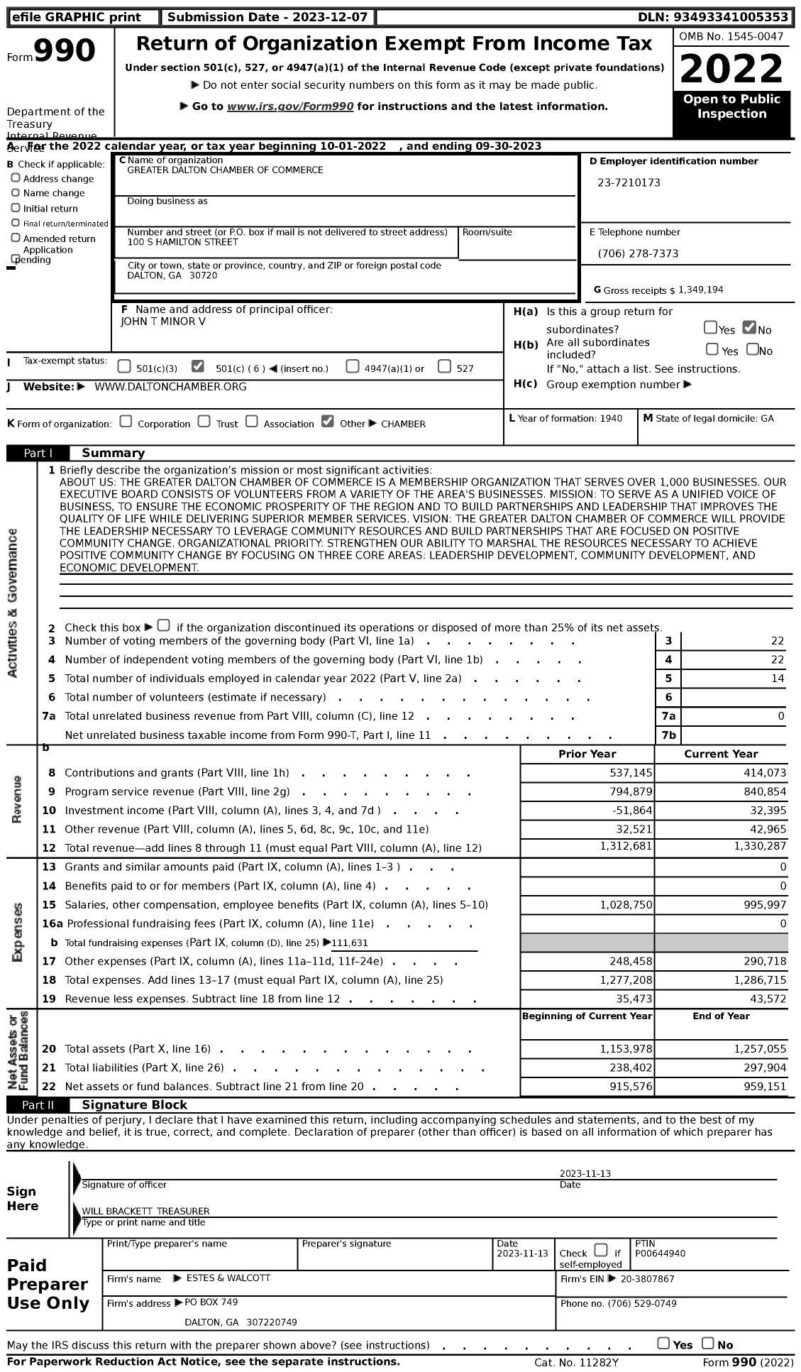 Image of first page of 2022 Form 990 for Greater Dalton Chamber of Commerce