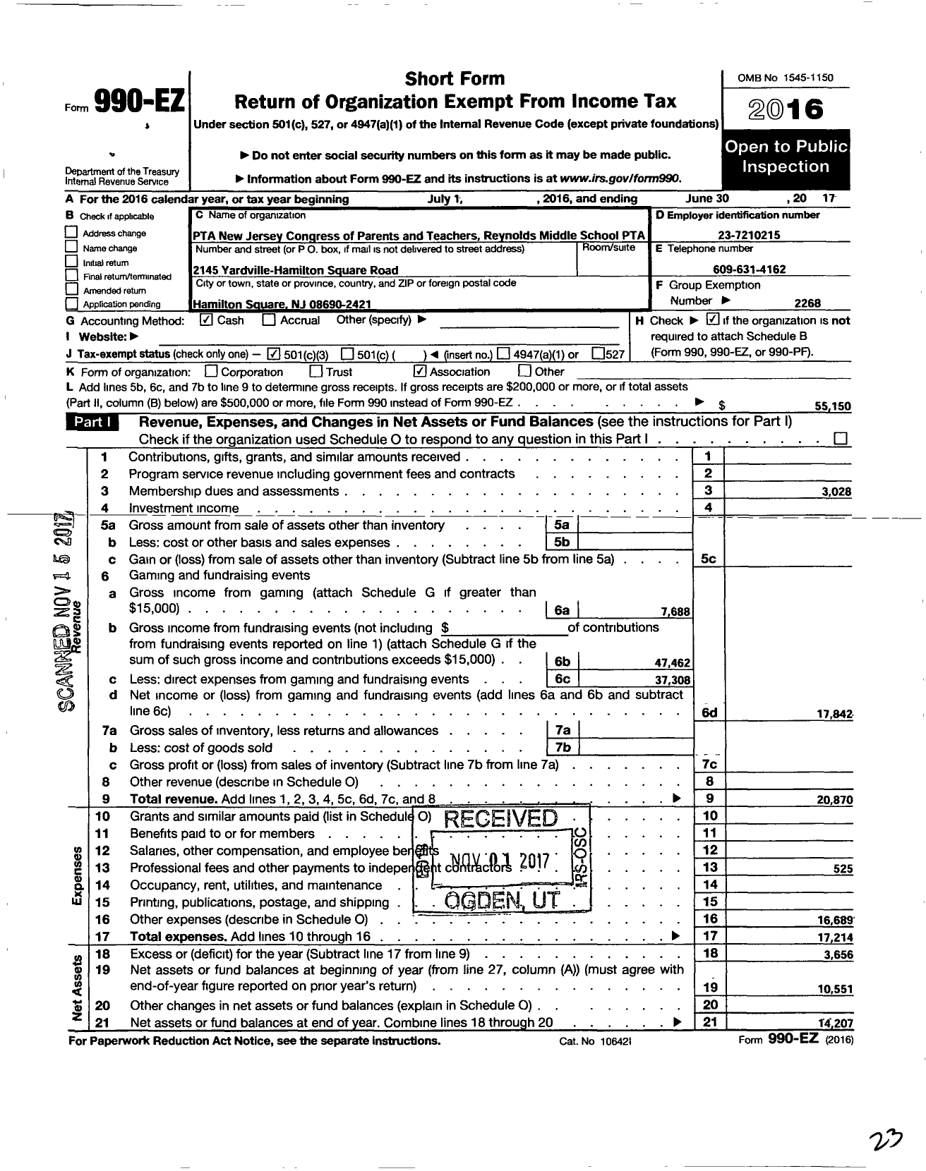 Image of first page of 2016 Form 990EZ for New Jersey PTA - Emily C Reynolds Middle School PTA
