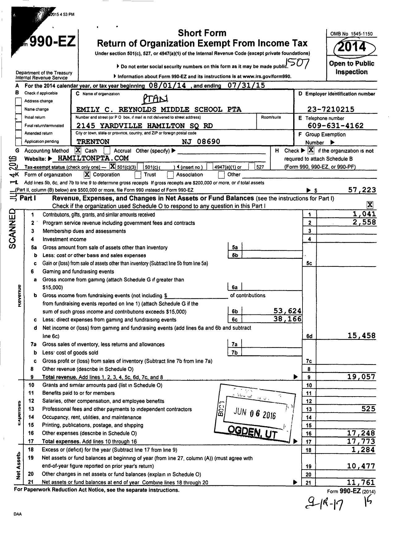 Image of first page of 2014 Form 990EZ for New Jersey PTA - Emily C Reynolds Middle School PTA