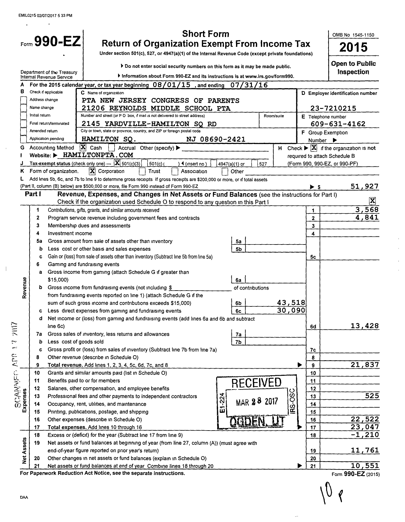 Image of first page of 2015 Form 990EZ for New Jersey PTA - Emily C Reynolds Middle School PTA