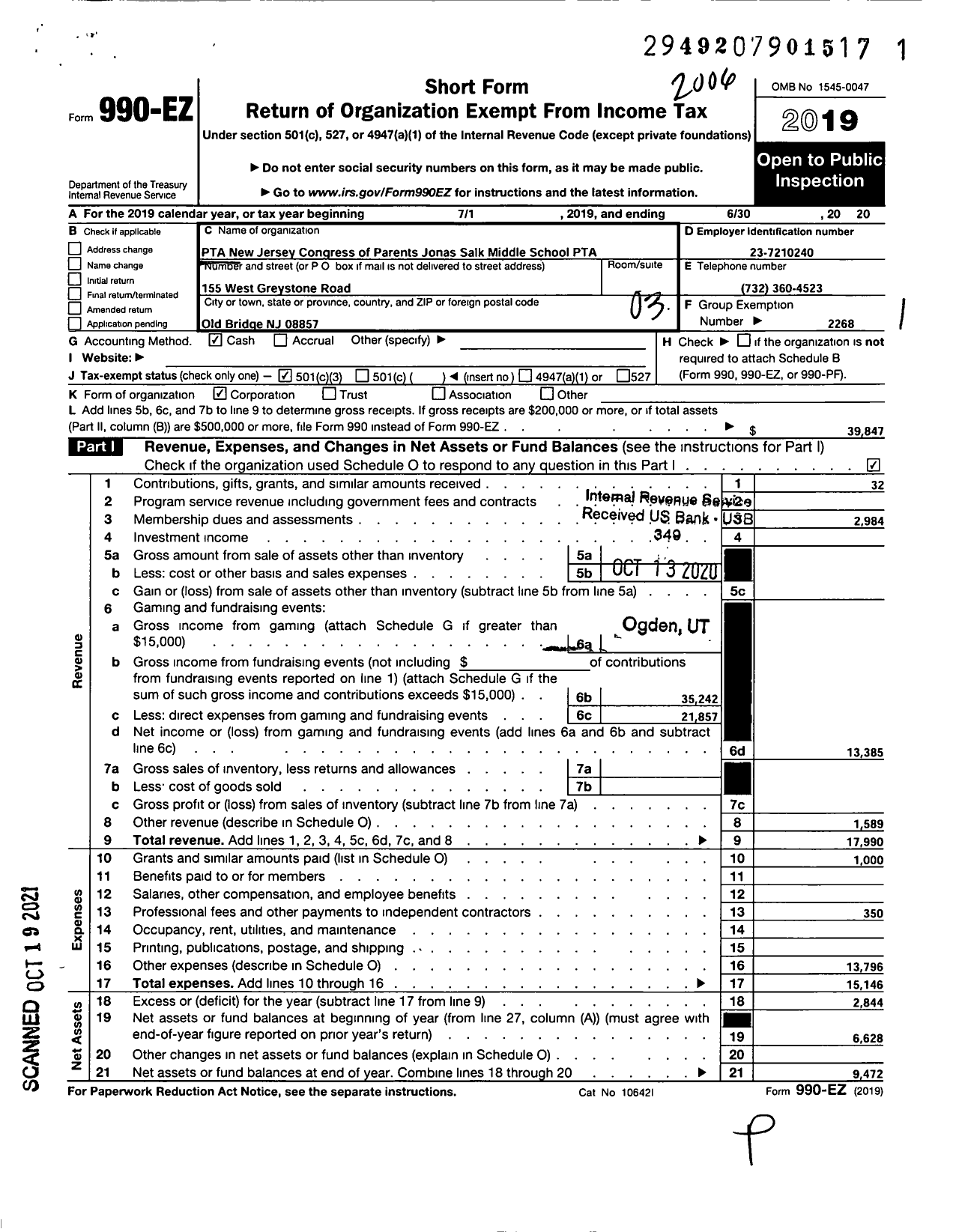 Image of first page of 2019 Form 990EZ for New Jersey PTA - 21288 Jonas Salk Middle School PTA