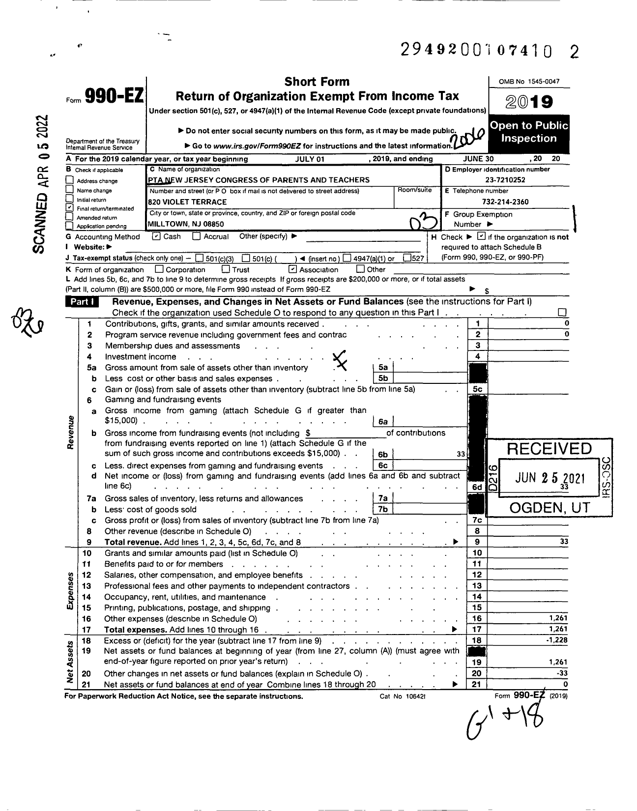 Image of first page of 2019 Form 990EZ for New Jersey PTA - 21283 Milltown PTA