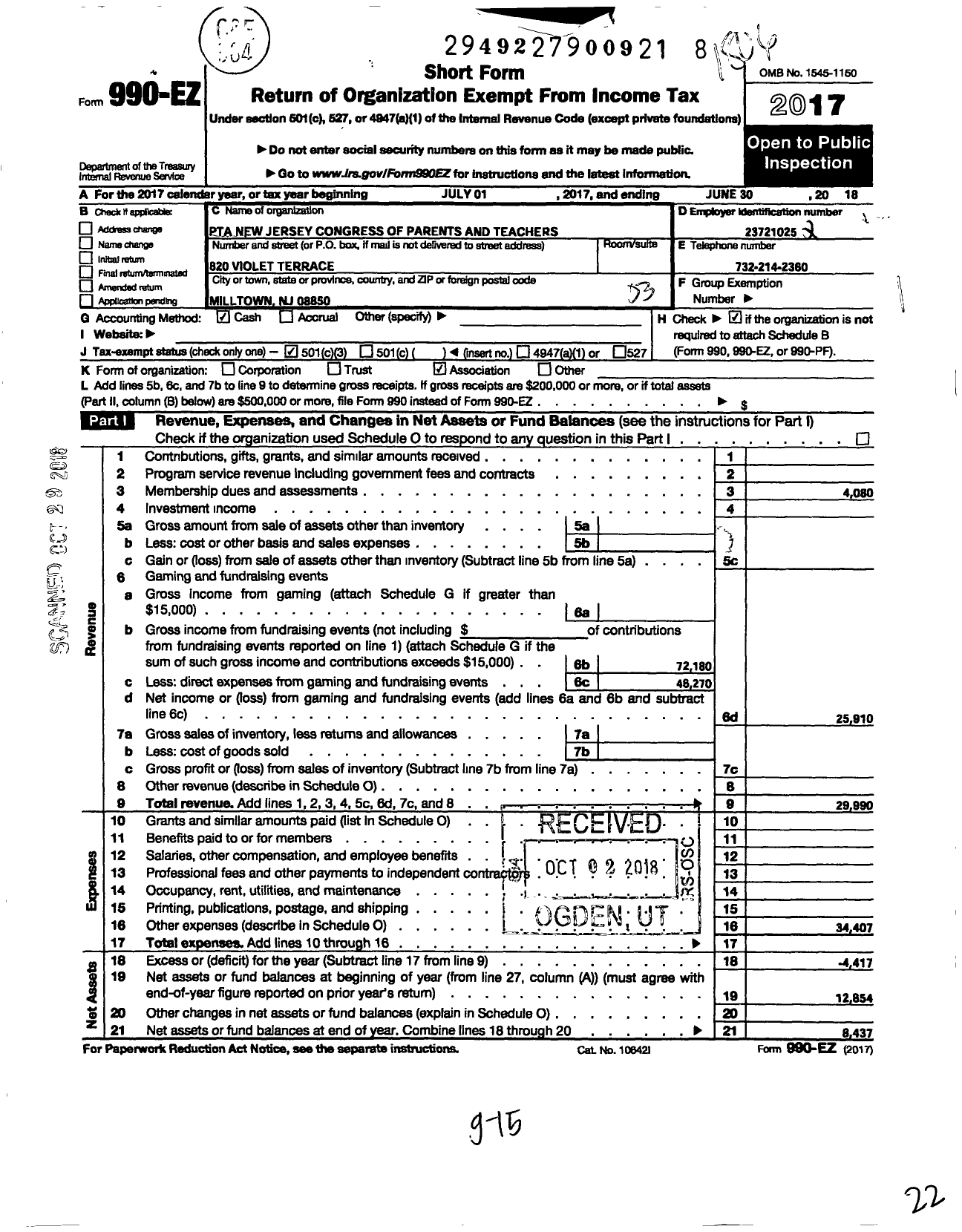Image of first page of 2017 Form 990EZ for New Jersey PTA - 21283 Milltown PTA