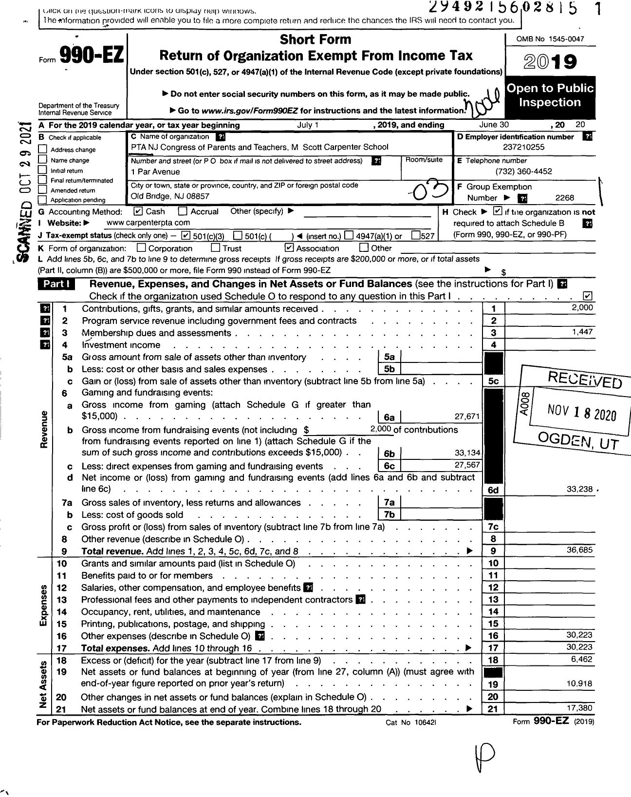 Image of first page of 2019 Form 990EZ for New Jersey PTA - 21289 M Scott Carpenter School PTA