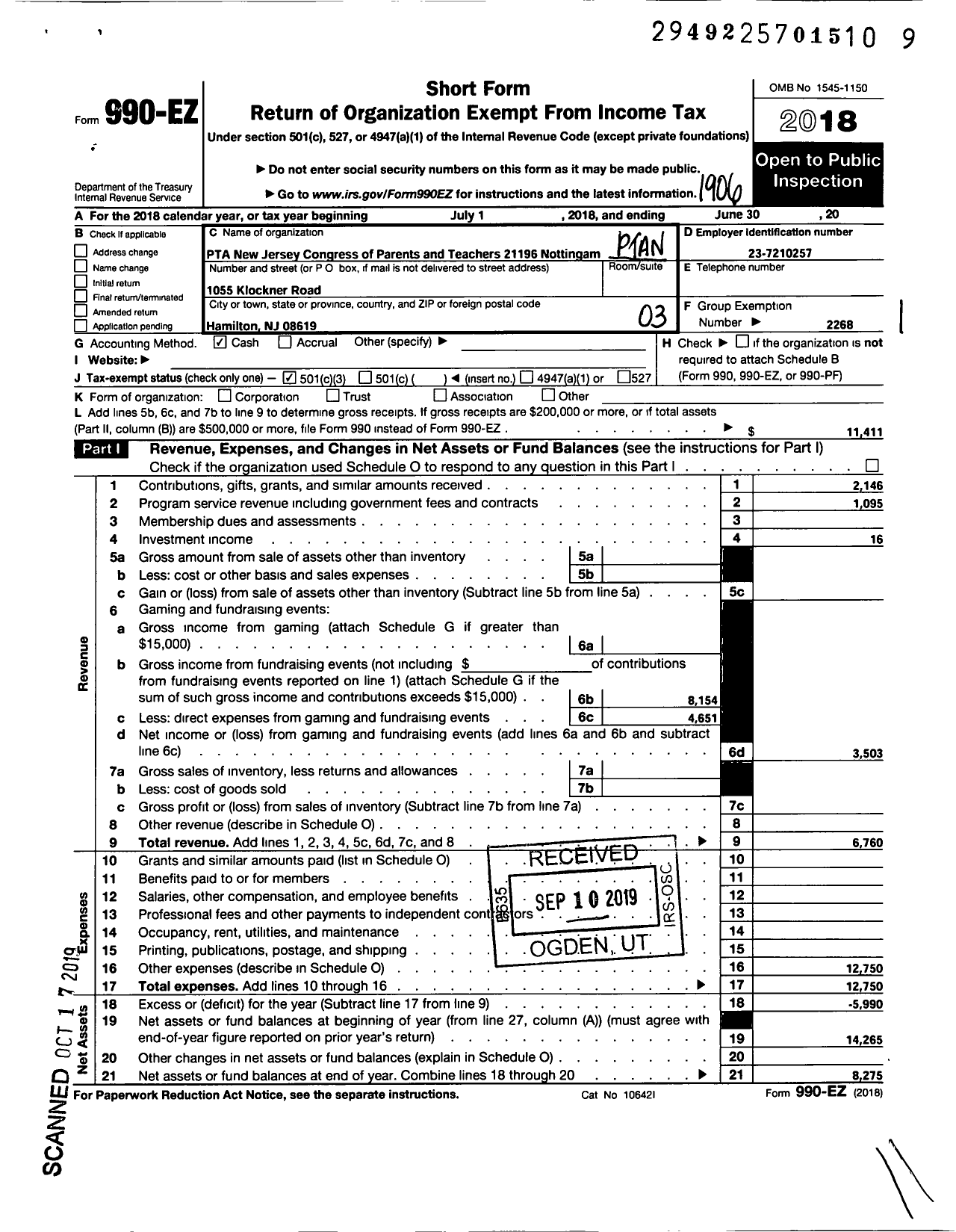 Image of first page of 2018 Form 990EZ for New Jersey PTA - 21196 Hamilton High SCH North PTA