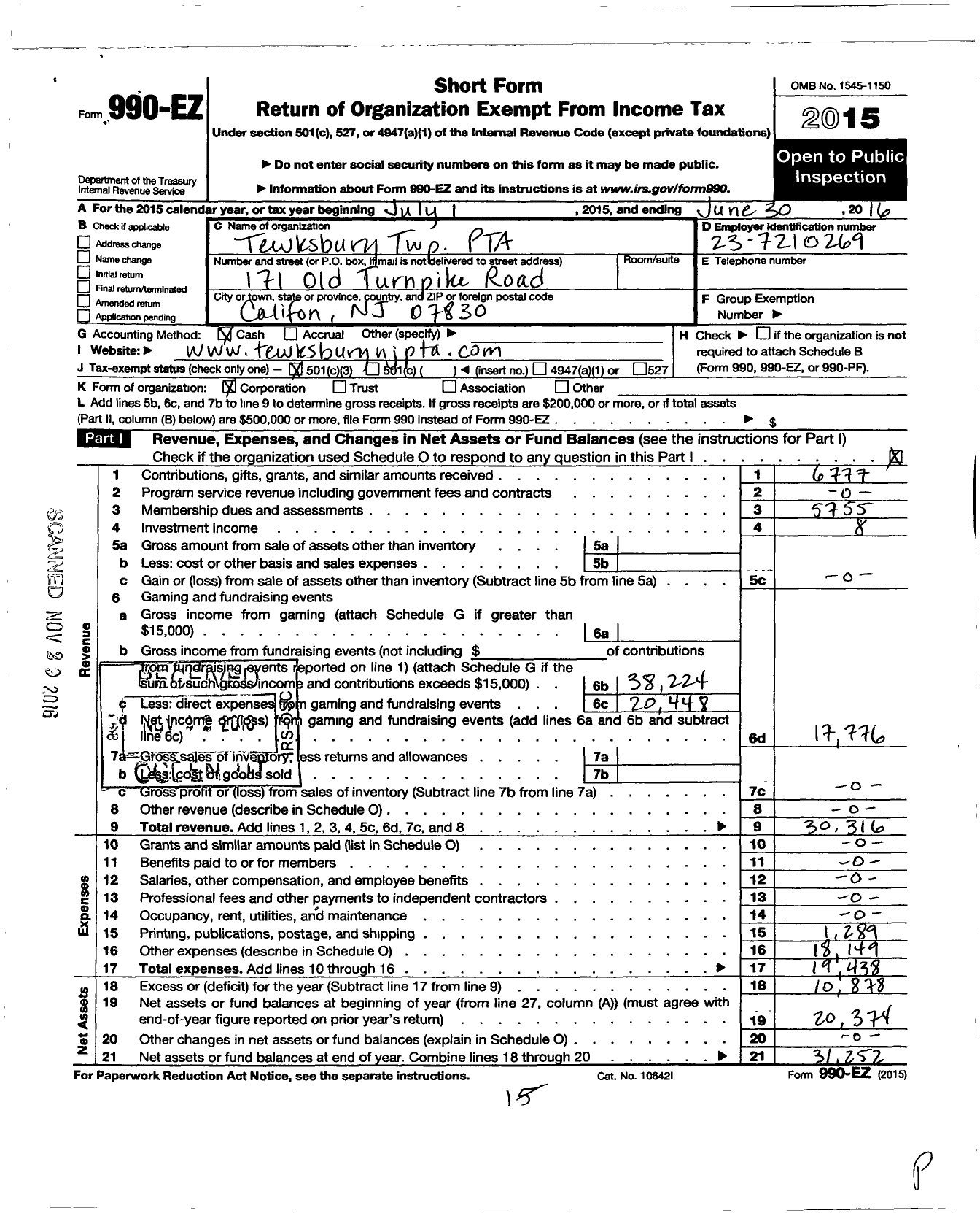 Image of first page of 2015 Form 990EZ for New Jersey PTA - 21270 Tewksbury TWP PTA