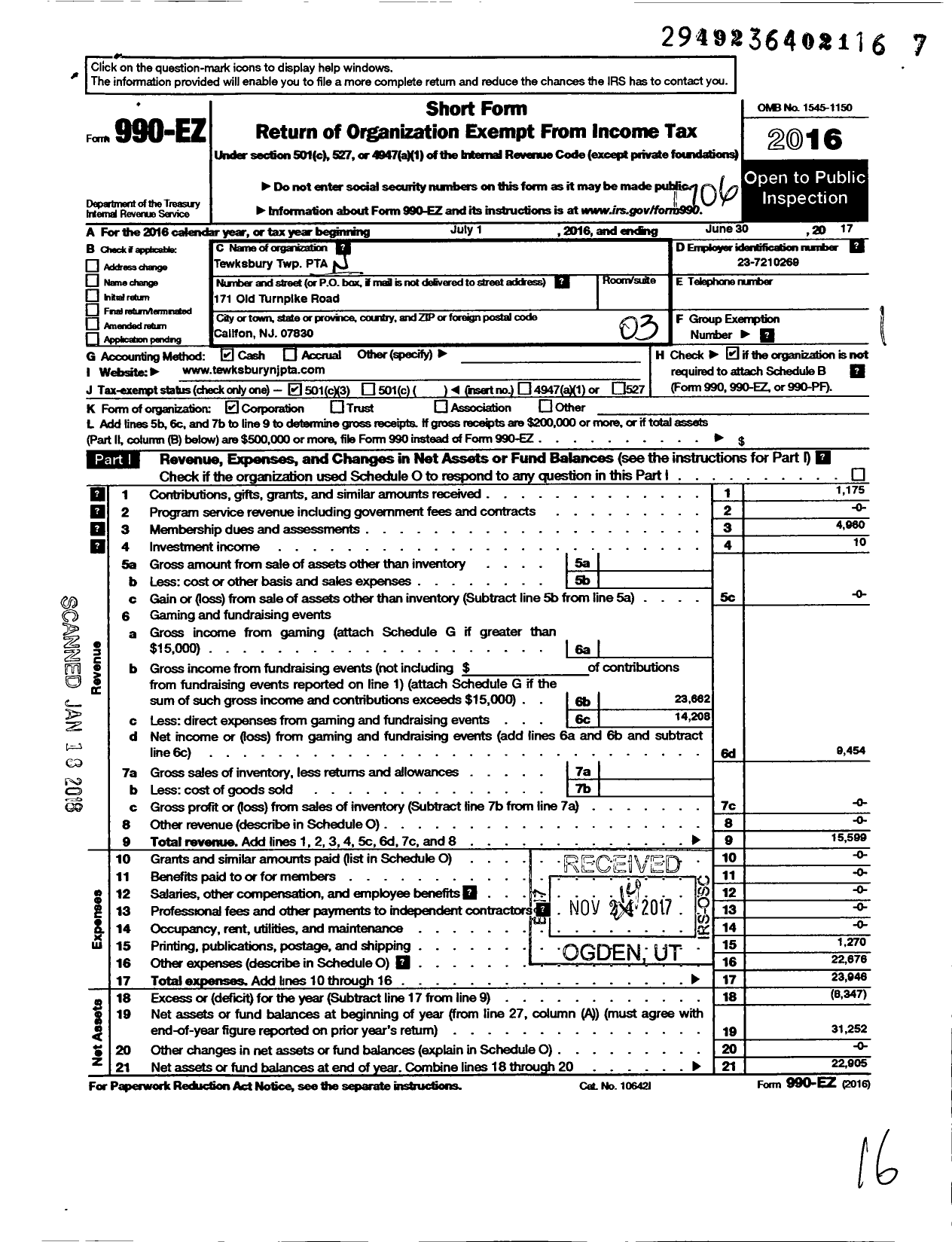 Image of first page of 2016 Form 990EZ for New Jersey PTA - 21270 Tewksbury TWP PTA