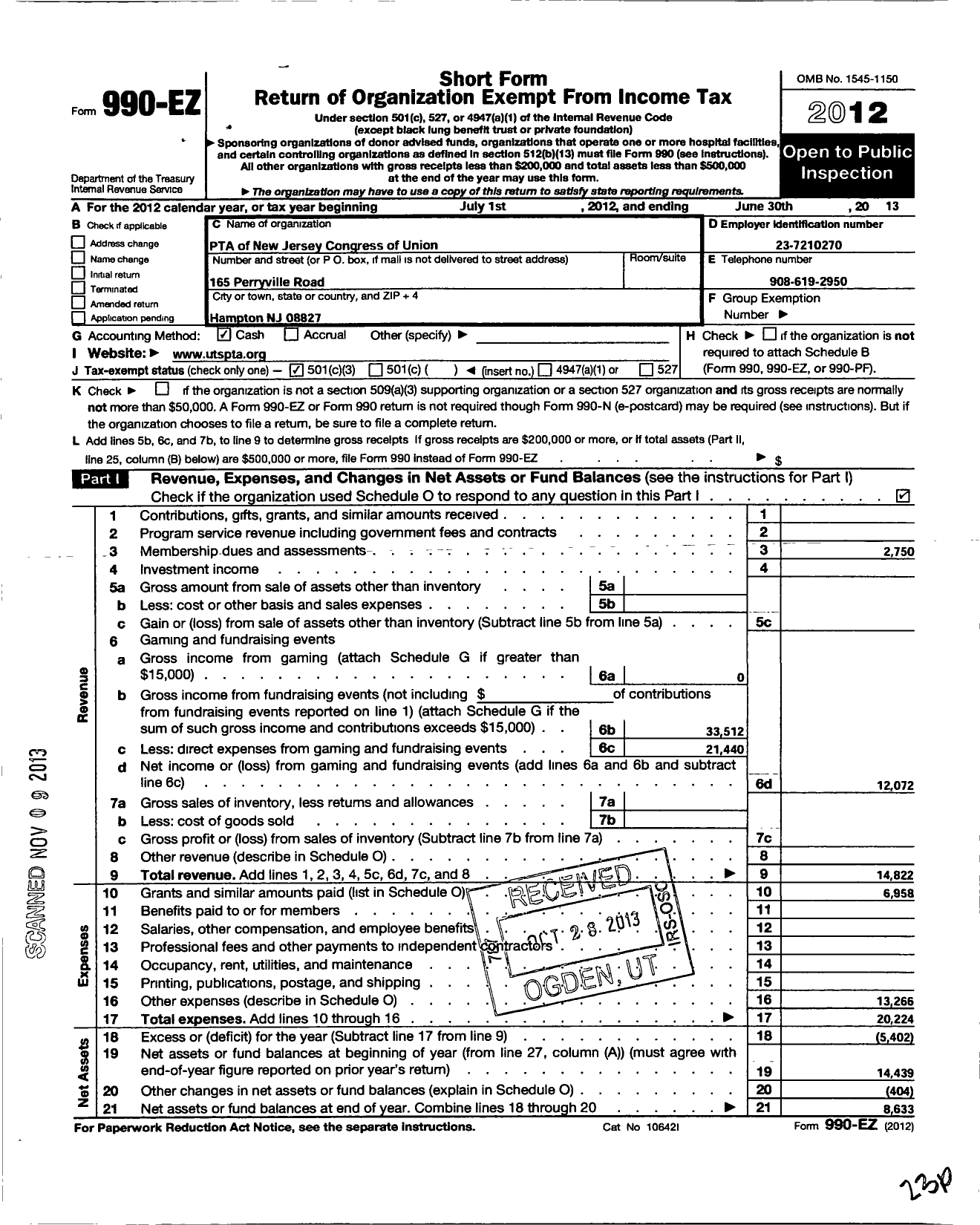 Image of first page of 2012 Form 990EZ for New Jersey PTA - 26020 Union TWP School PTA