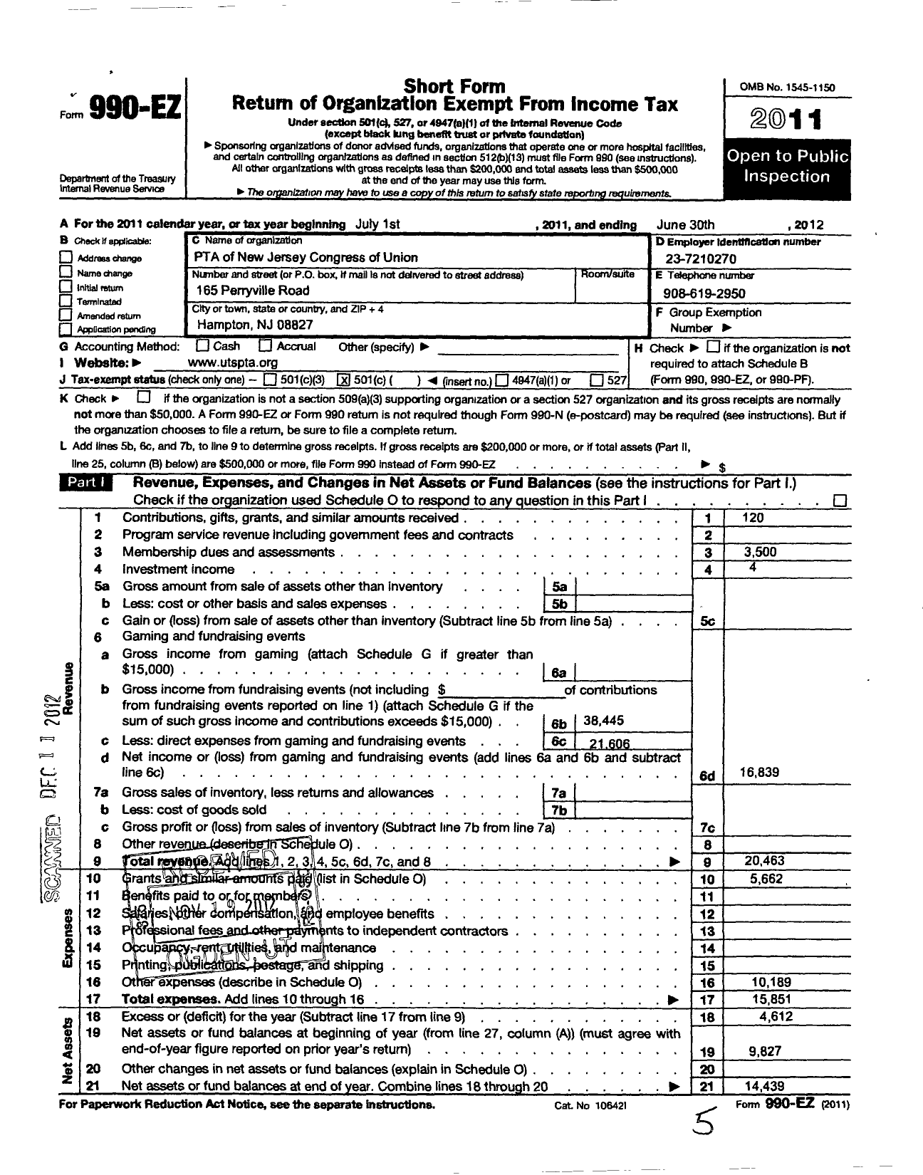 Image of first page of 2011 Form 990EO for New Jersey PTA - 26020 Union TWP School PTA