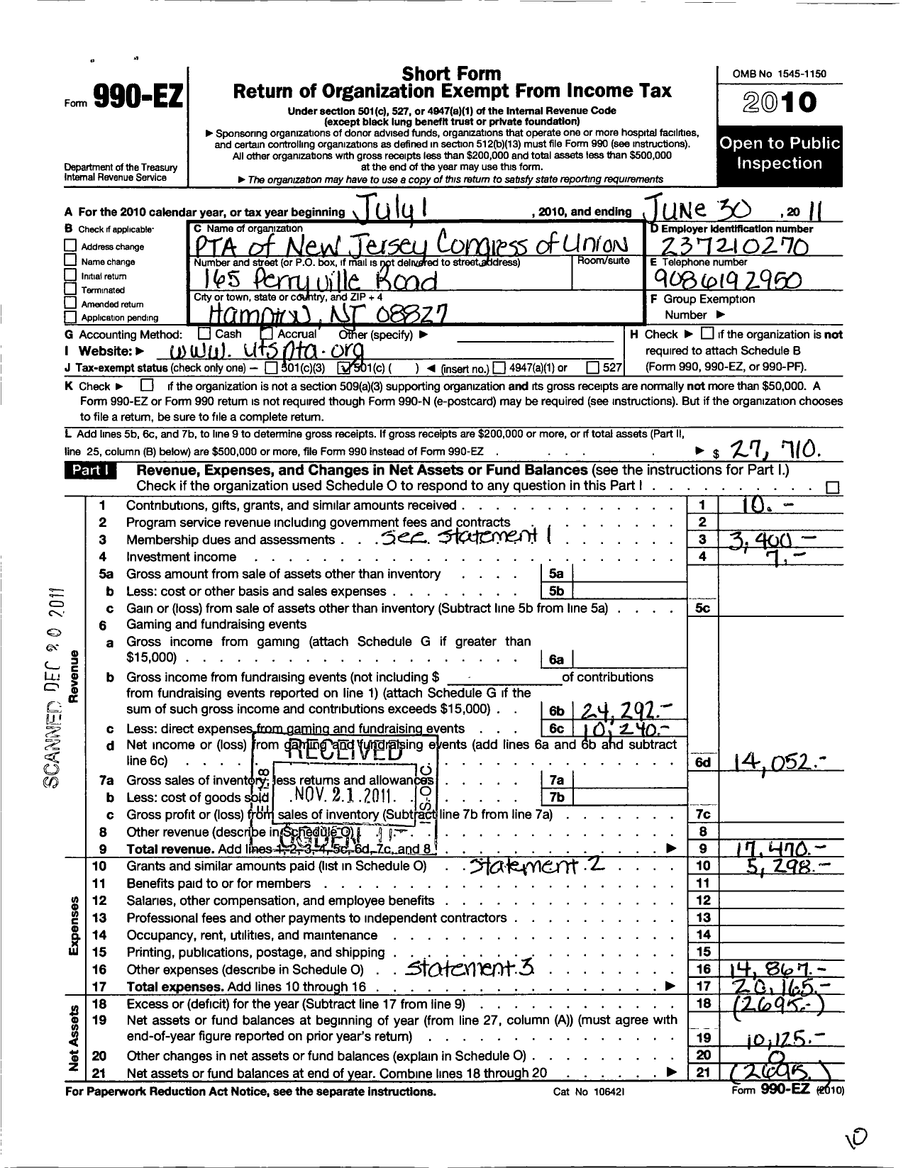 Image of first page of 2010 Form 990EO for New Jersey PTA - 26020 Union TWP School PTA