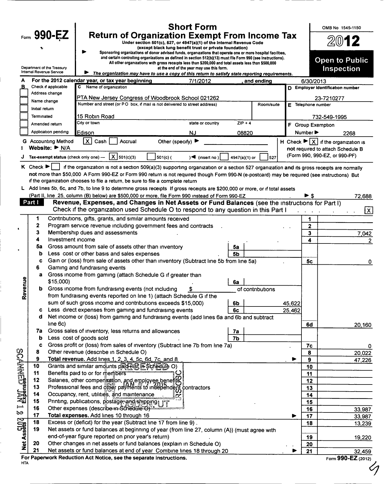 Image of first page of 2012 Form 990EZ for New Jersey PTA - 21262 Woodbrook PTA