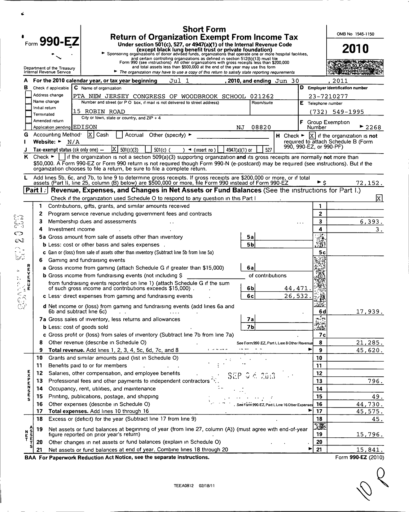 Image of first page of 2010 Form 990EZ for New Jersey PTA - 21262 Woodbrook PTA