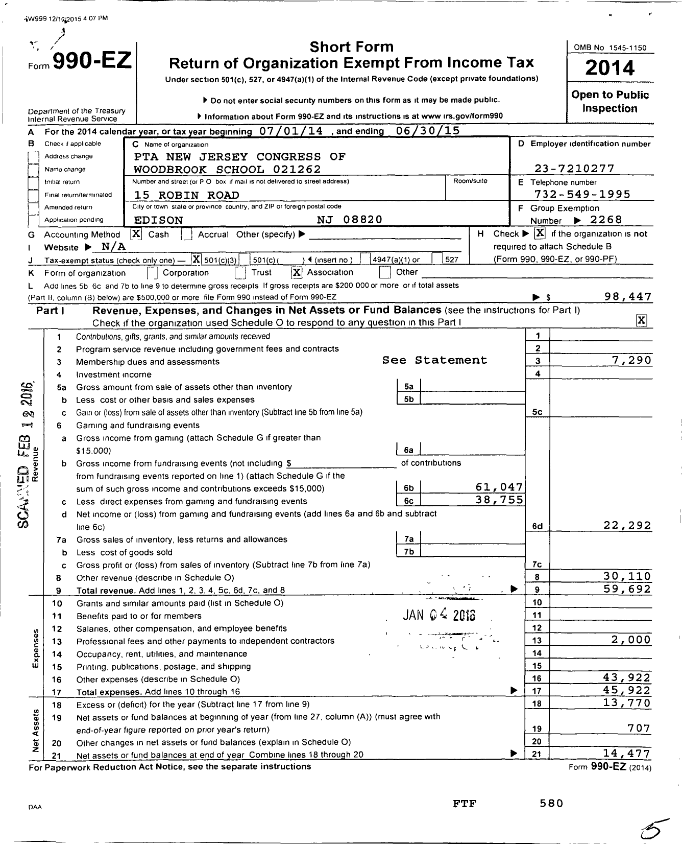 Image of first page of 2014 Form 990EZ for New Jersey PTA - 21262 Woodbrook PTA