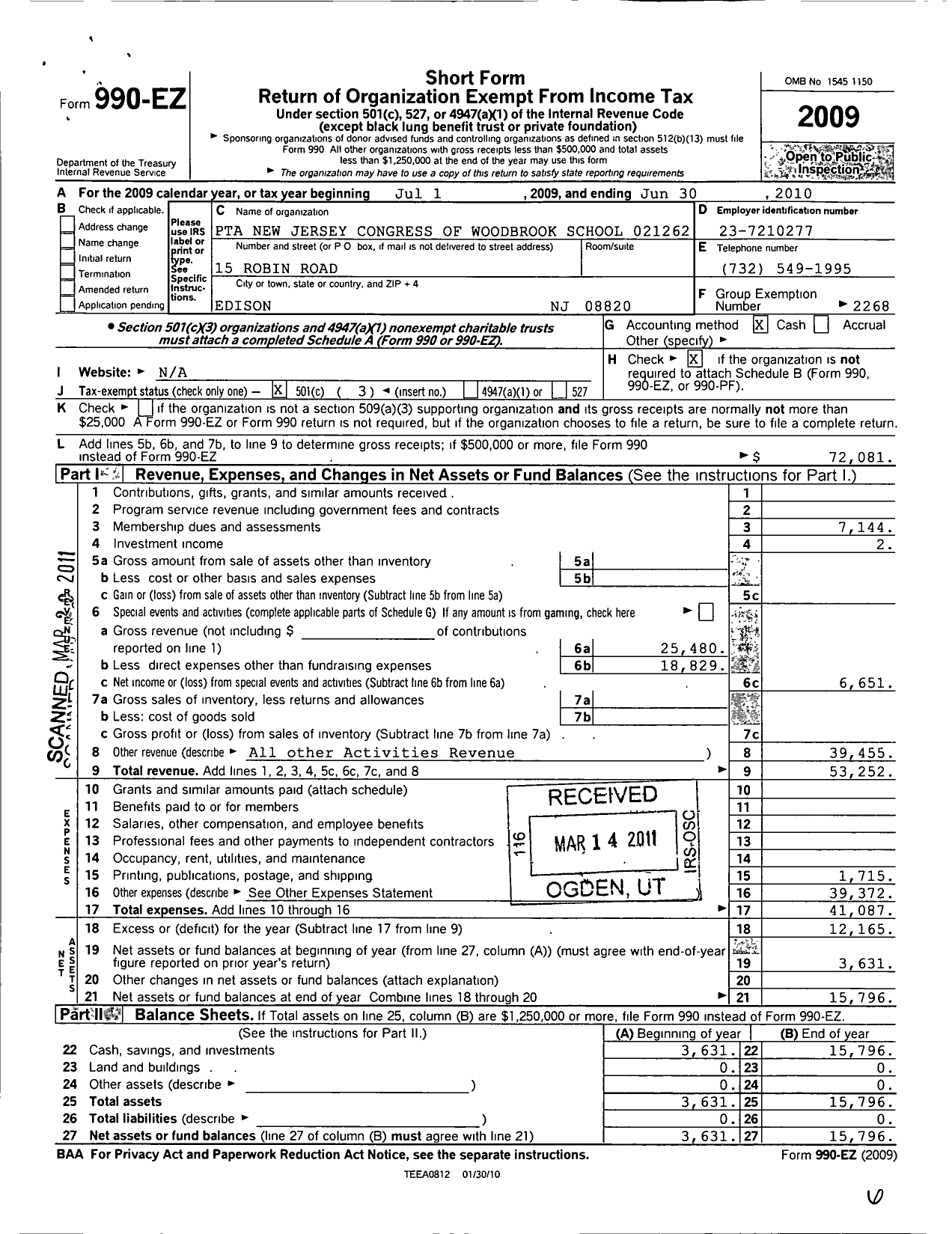 Image of first page of 2009 Form 990EZ for New Jersey PTA - 21262 Woodbrook PTA