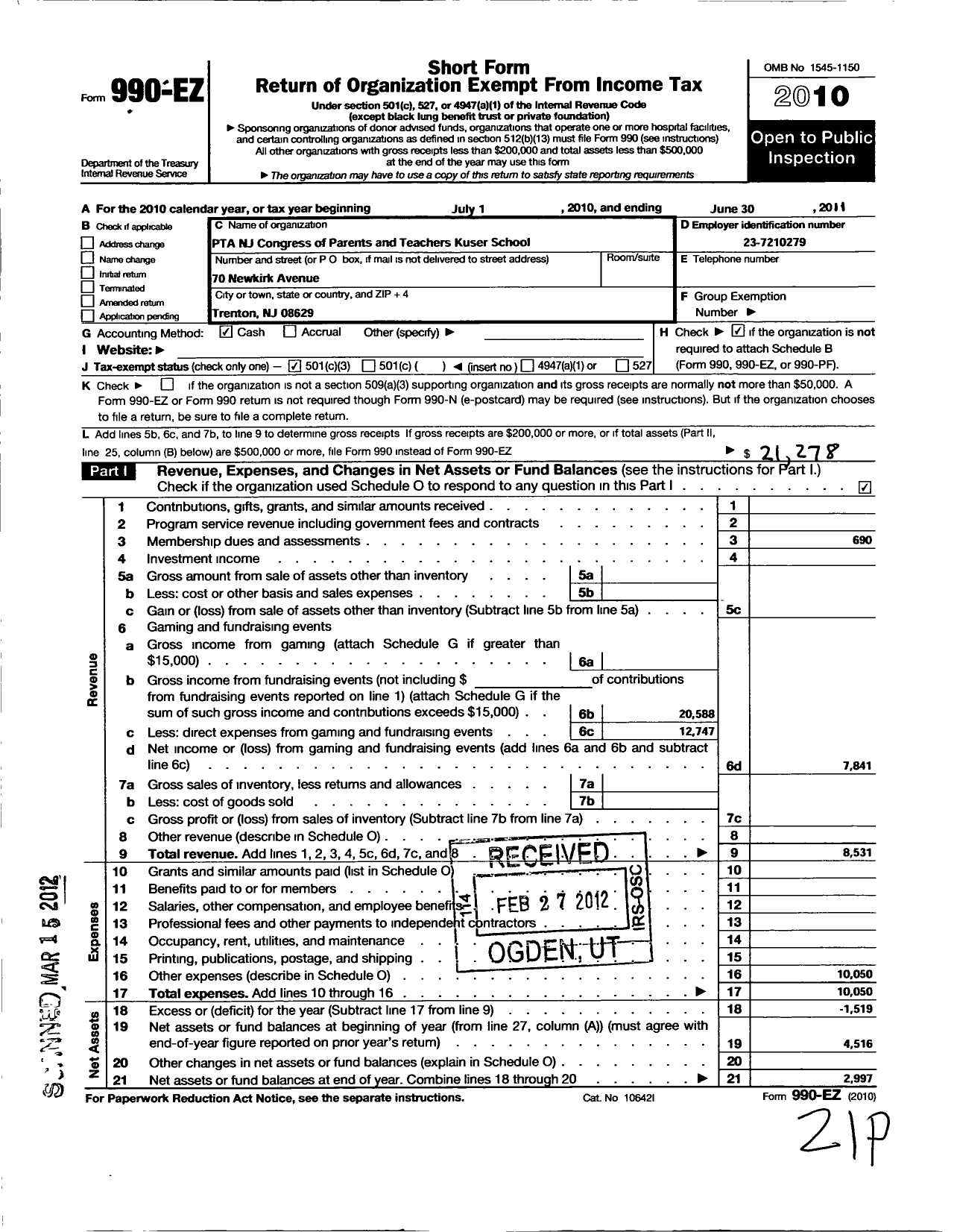 Image of first page of 2010 Form 990EZ for New Jersey PTA - 21193 Kuser PTA
