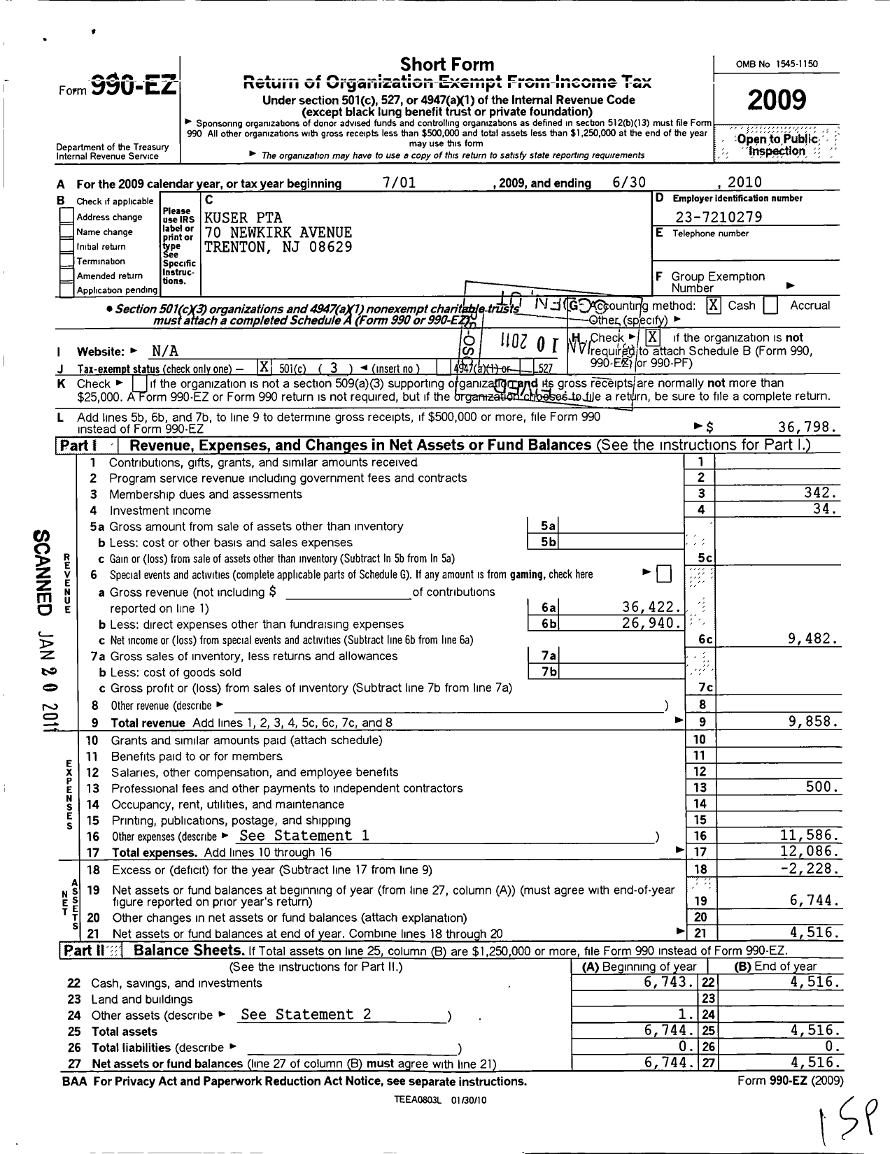 Image of first page of 2009 Form 990EZ for New Jersey PTA - 21193 Kuser PTA