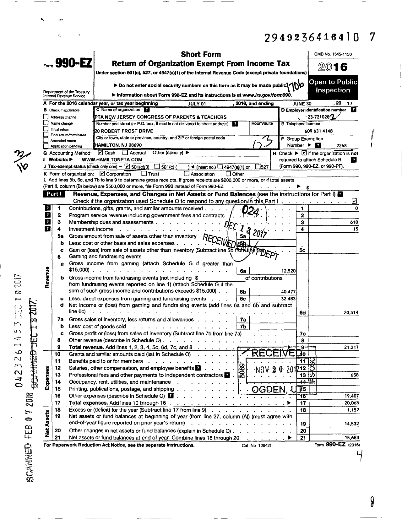 Image of first page of 2016 Form 990EZ for New Jersey PTA - 21202 James Alexander School PTA