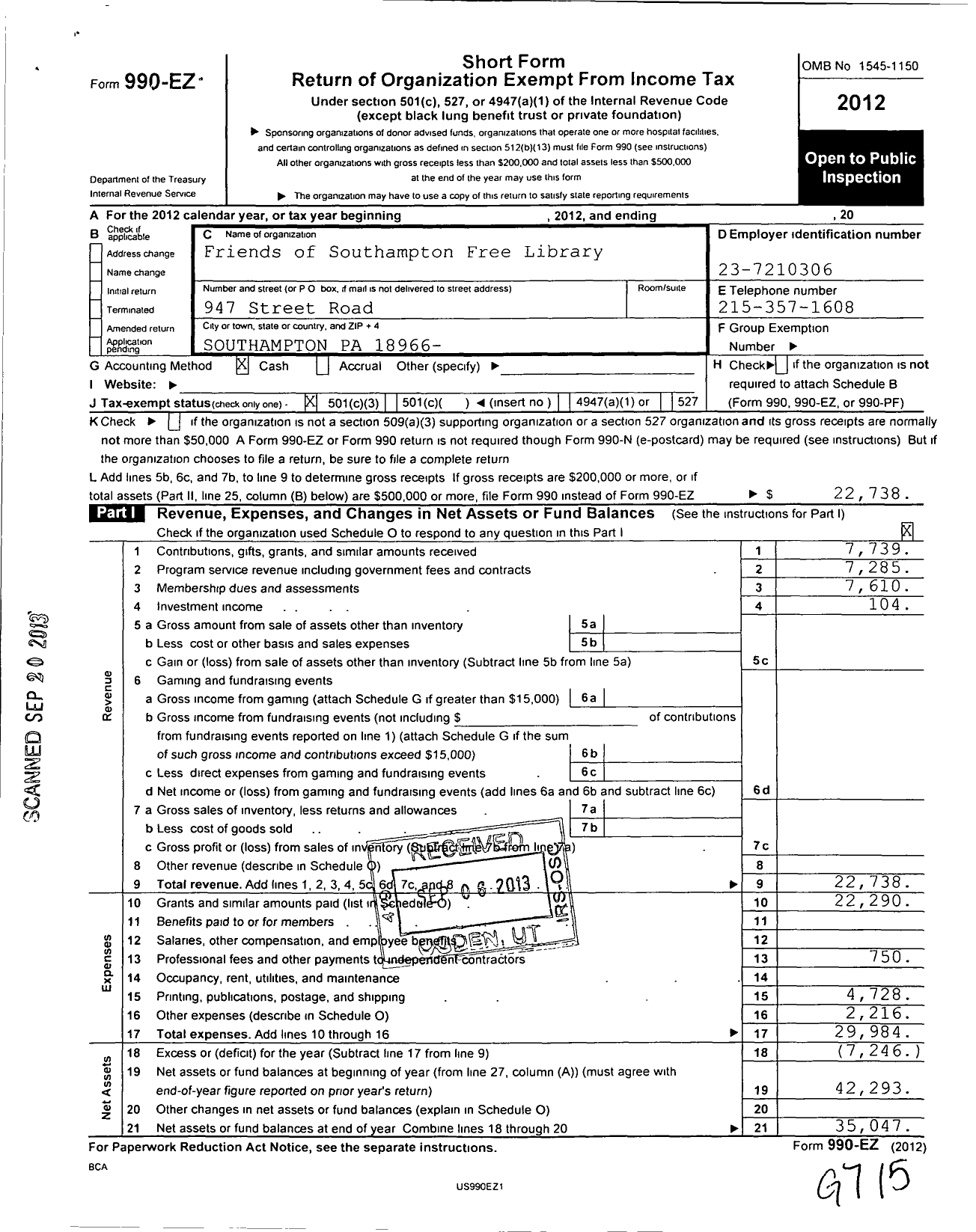 Image of first page of 2012 Form 990EZ for Friends of Southampton Free Library