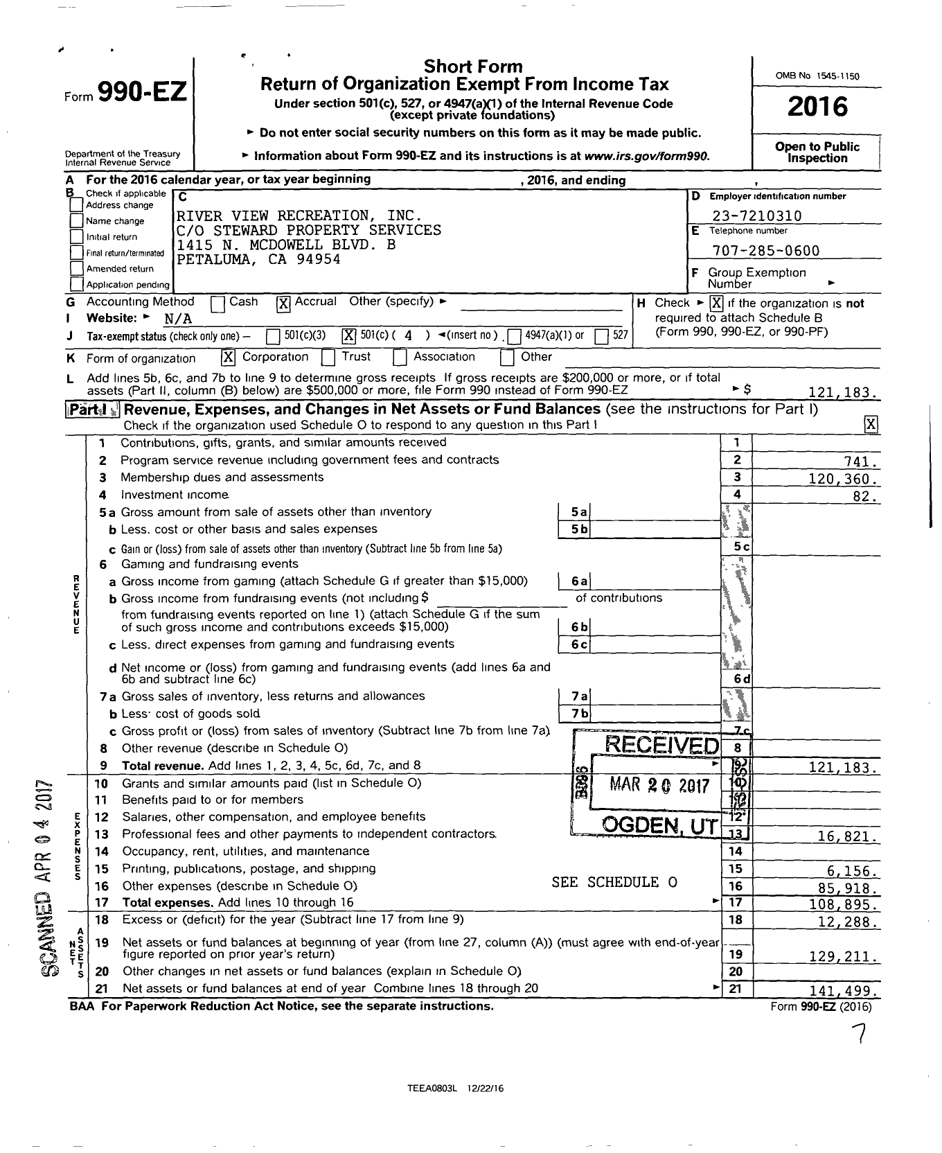 Image of first page of 2016 Form 990EO for River View Recreation