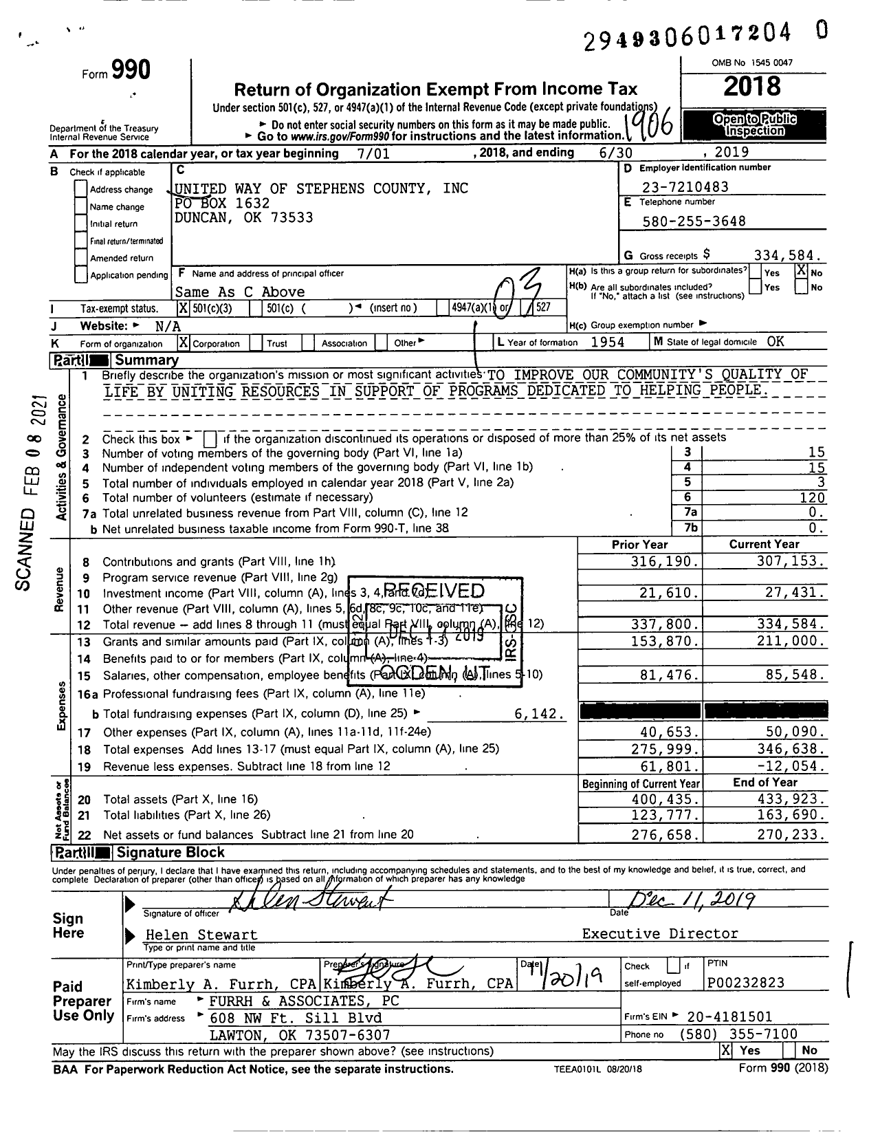 Image of first page of 2018 Form 990 for United Way Of Stephens County