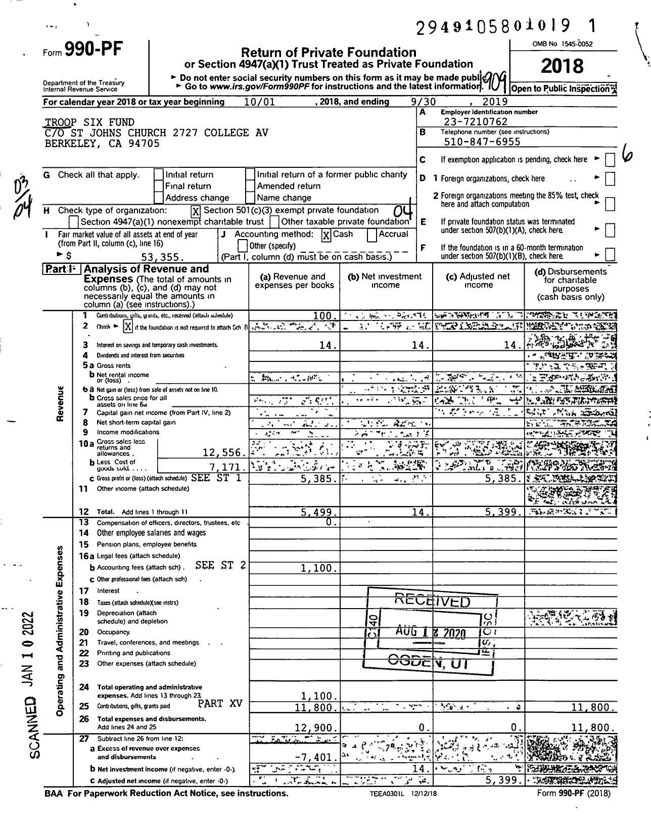 Image of first page of 2018 Form 990PF for Troop Six Fund