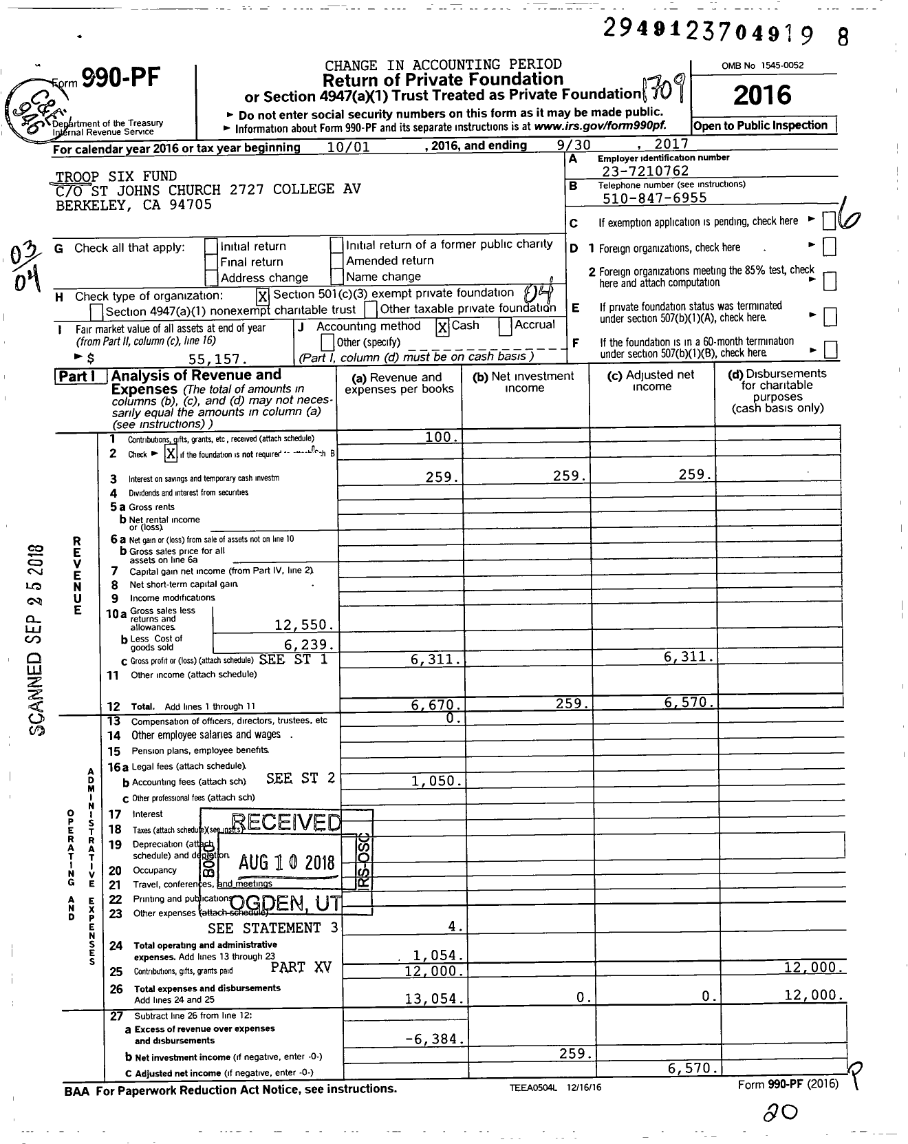 Image of first page of 2016 Form 990PF for Troop Six Fund