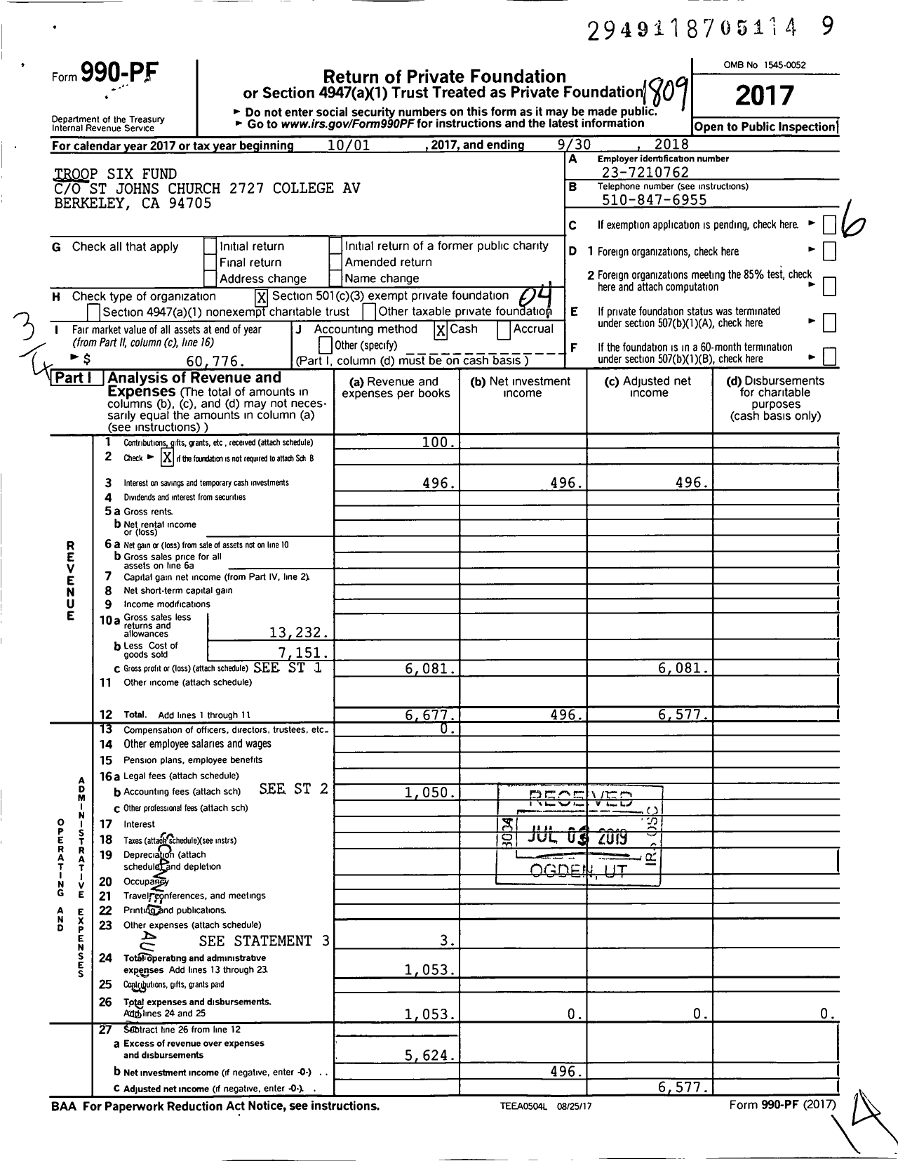 Image of first page of 2017 Form 990PF for Troop Six Fund