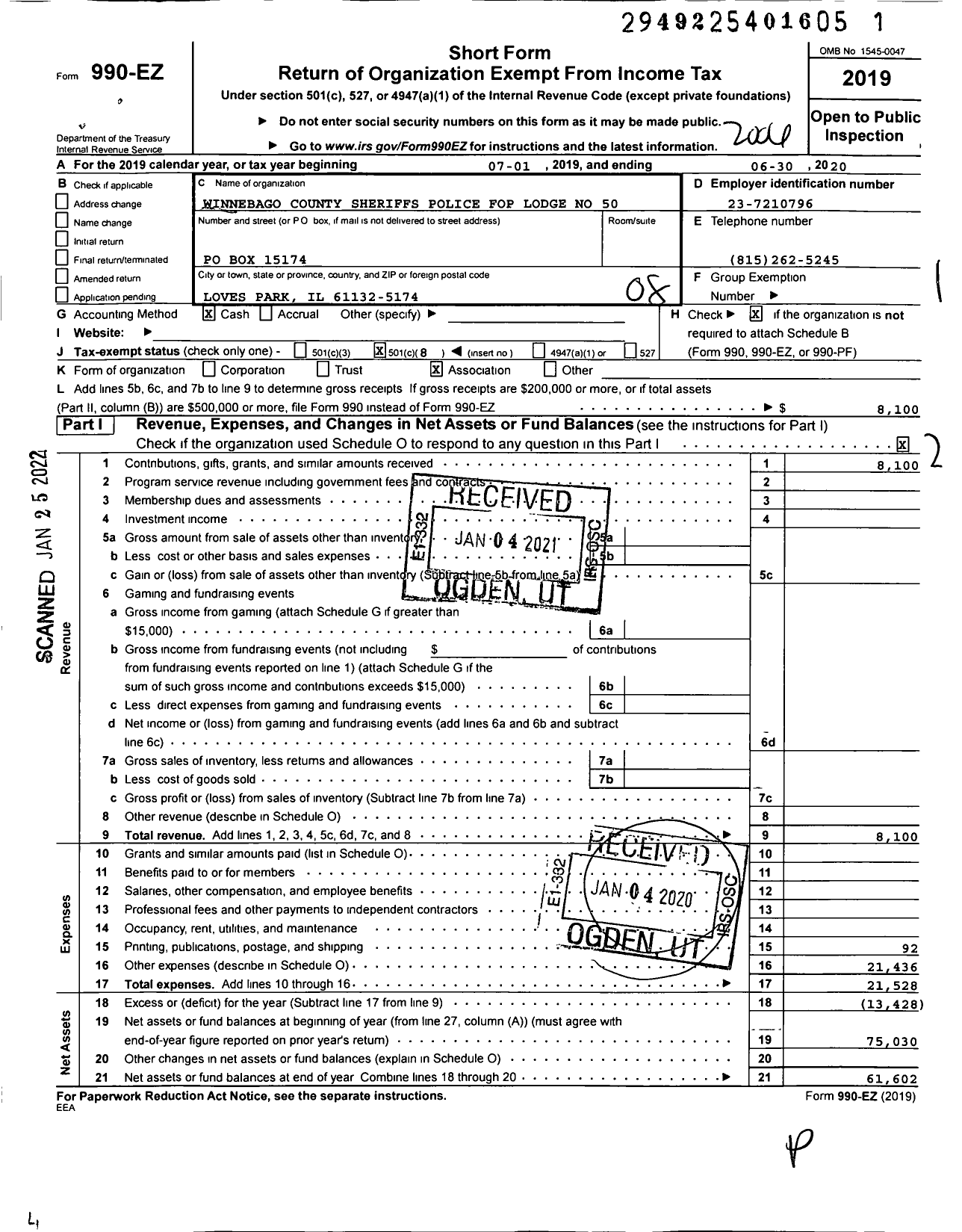 Image of first page of 2019 Form 990EO for Fraternal Order of Police - 50 Winnebago Co Sheriff Lodge