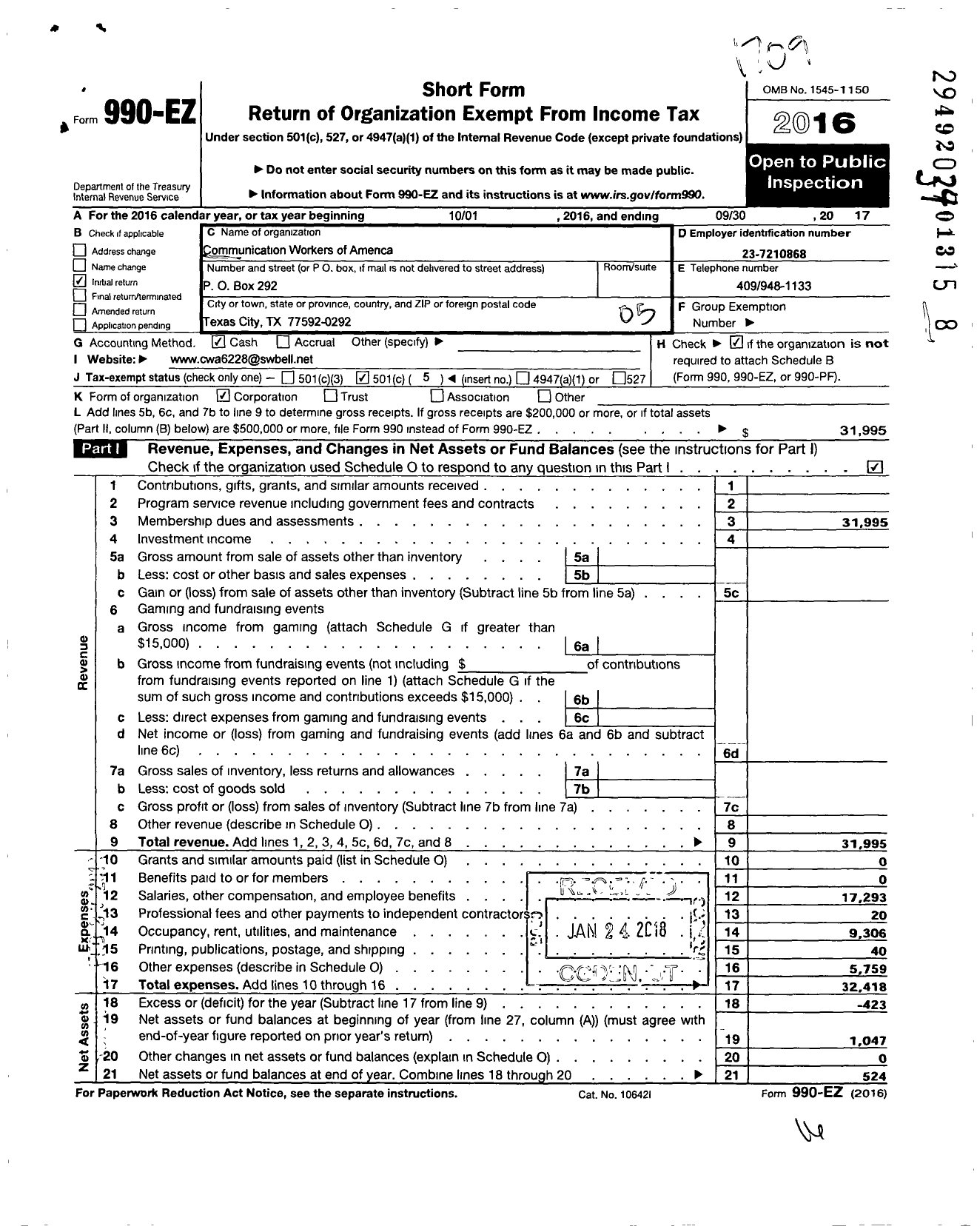 Image of first page of 2016 Form 990EO for Communications Workers of America - 6228