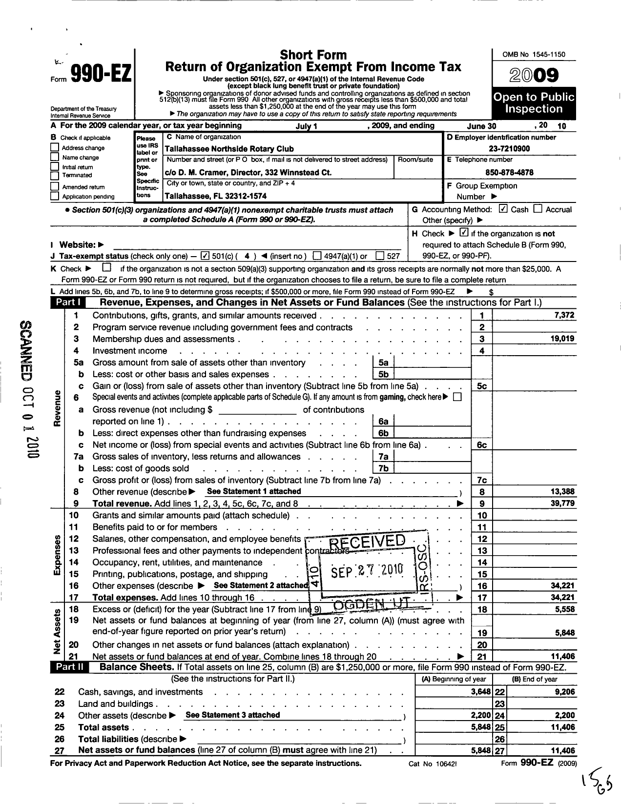 Image of first page of 2009 Form 990EO for Rotary International - Tallahassee Northside