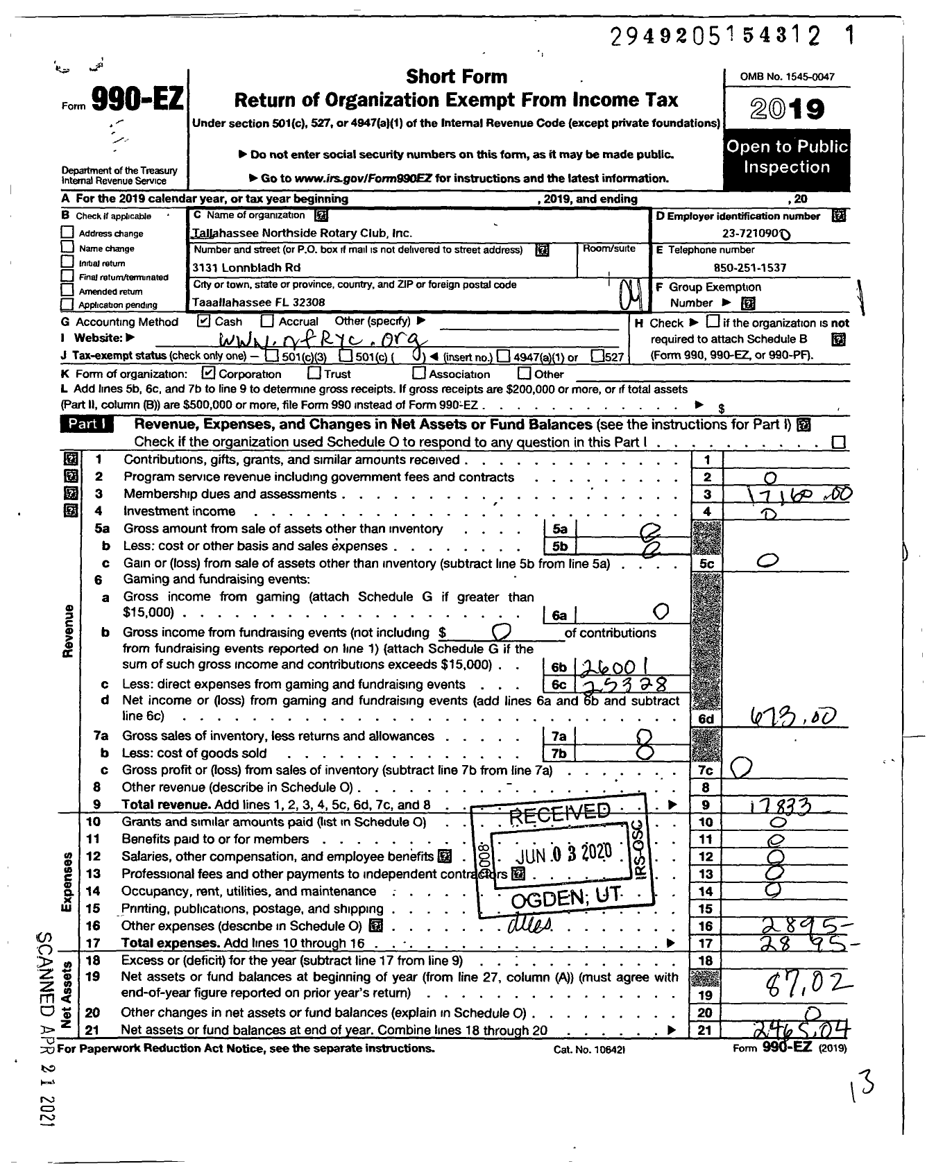 Image of first page of 2019 Form 990EO for Rotary International - Tallahassee Northside