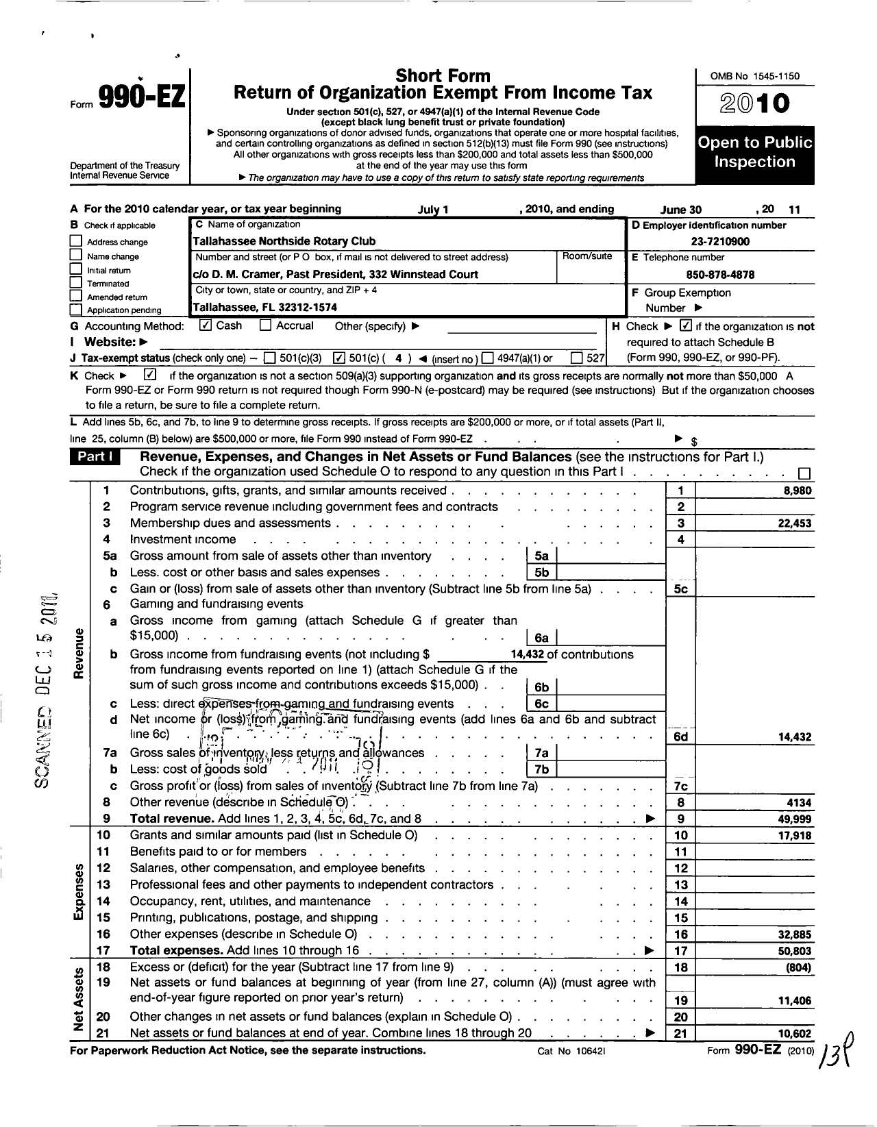 Image of first page of 2010 Form 990EO for Rotary International - Tallahassee Northside