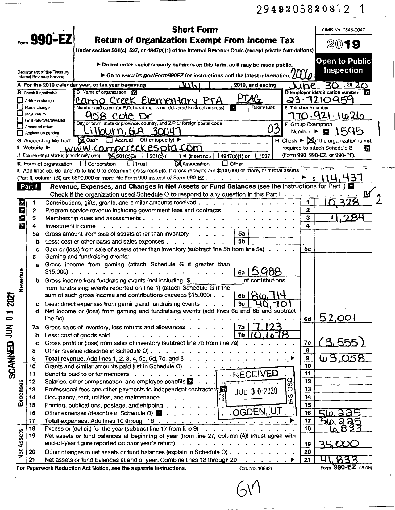 Image of first page of 2019 Form 990EZ for Georgia PTA - Camp Creek Es PTA