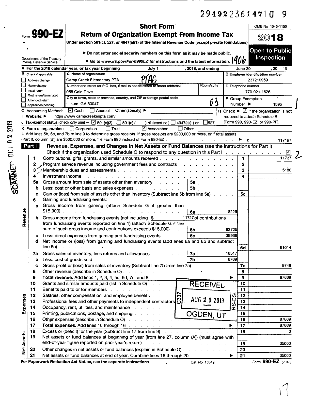 Image of first page of 2018 Form 990EZ for Georgia PTA - Camp Creek Es PTA