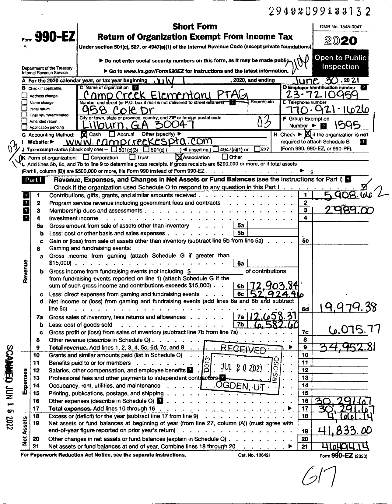 Image of first page of 2020 Form 990EZ for Georgia PTA - Camp Creek Es PTA