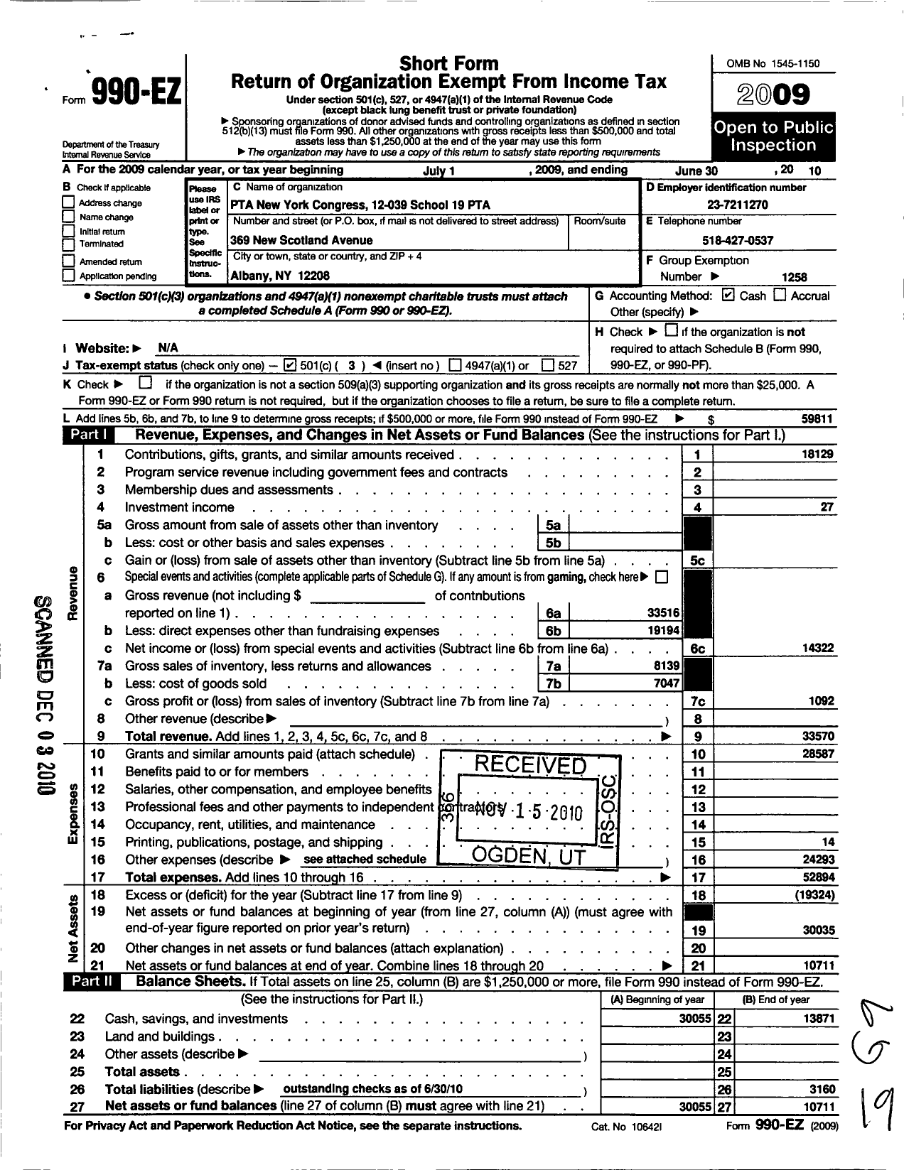 Image of first page of 2009 Form 990EZ for New York State PTA - 12-039 New Scotland Elem SCH PTA