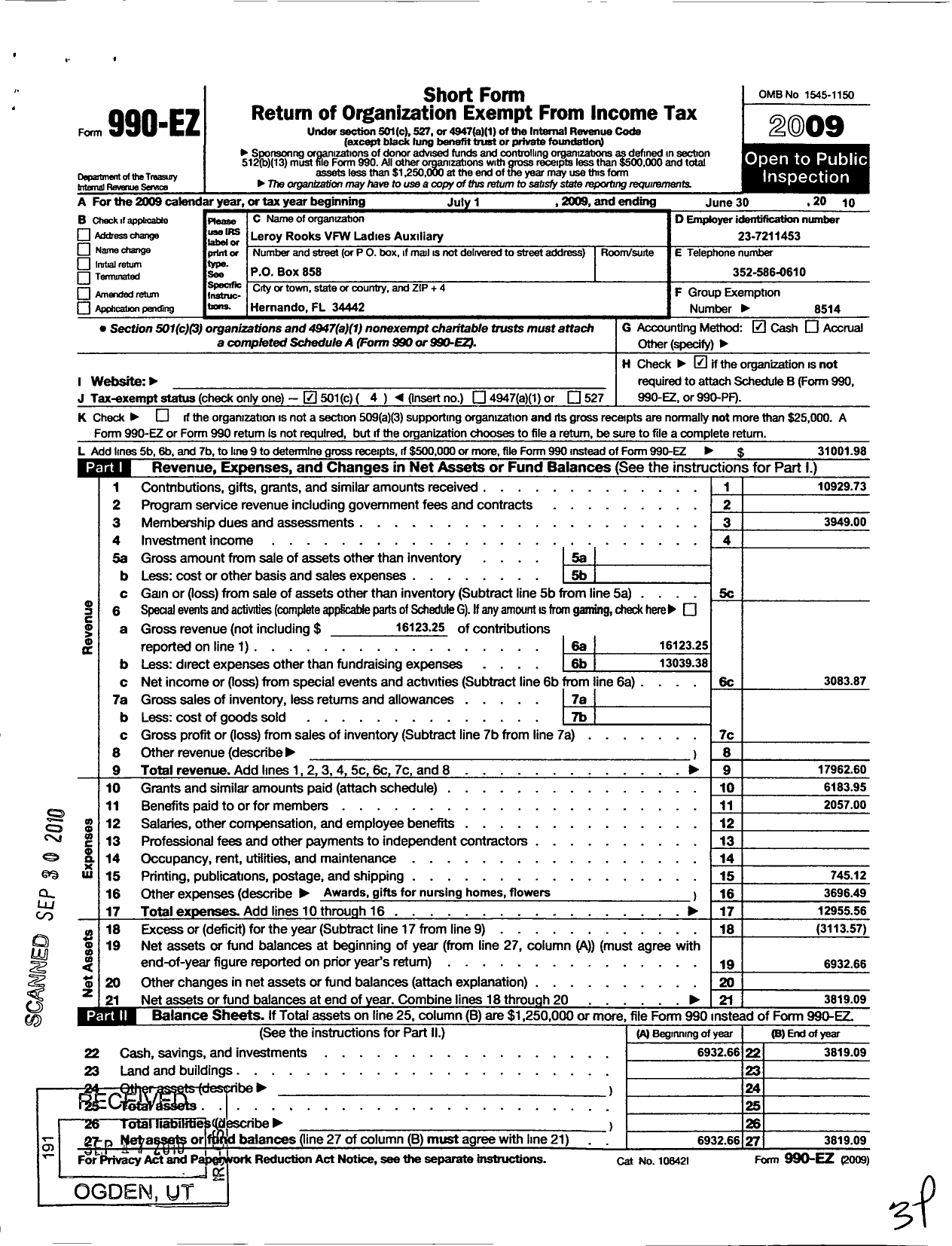 Image of first page of 2009 Form 990EO for Veterans of Foreign Wars of the Us Dept of Florida Auxiliary - 4252 Leroy Rooks JR Auxiliary