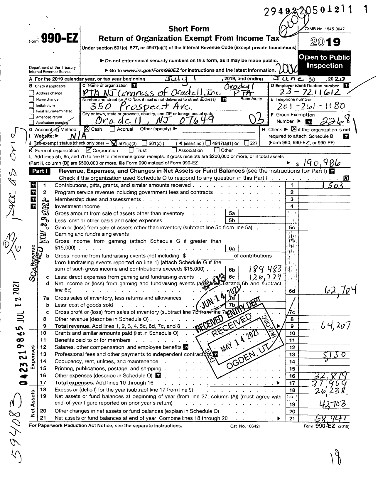 Image of first page of 2019 Form 990EZ for New Jersey PTA - 18811 Oradell Elementary PTA