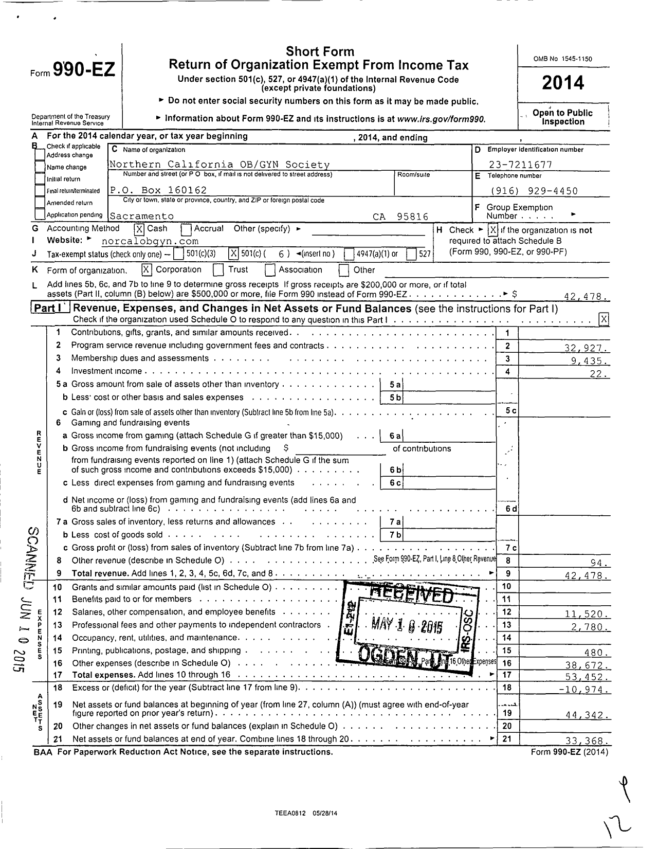 Image of first page of 2014 Form 990EO for Northern California OBGYN Society