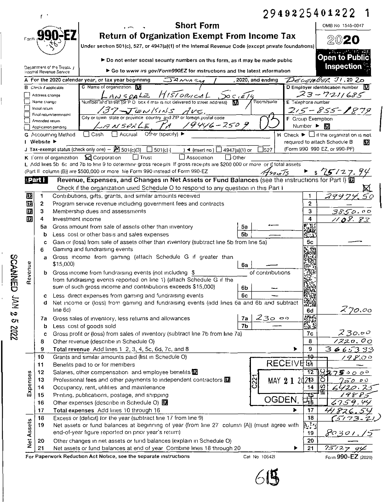 Image of first page of 2020 Form 990EZ for Lansdale Historical Society