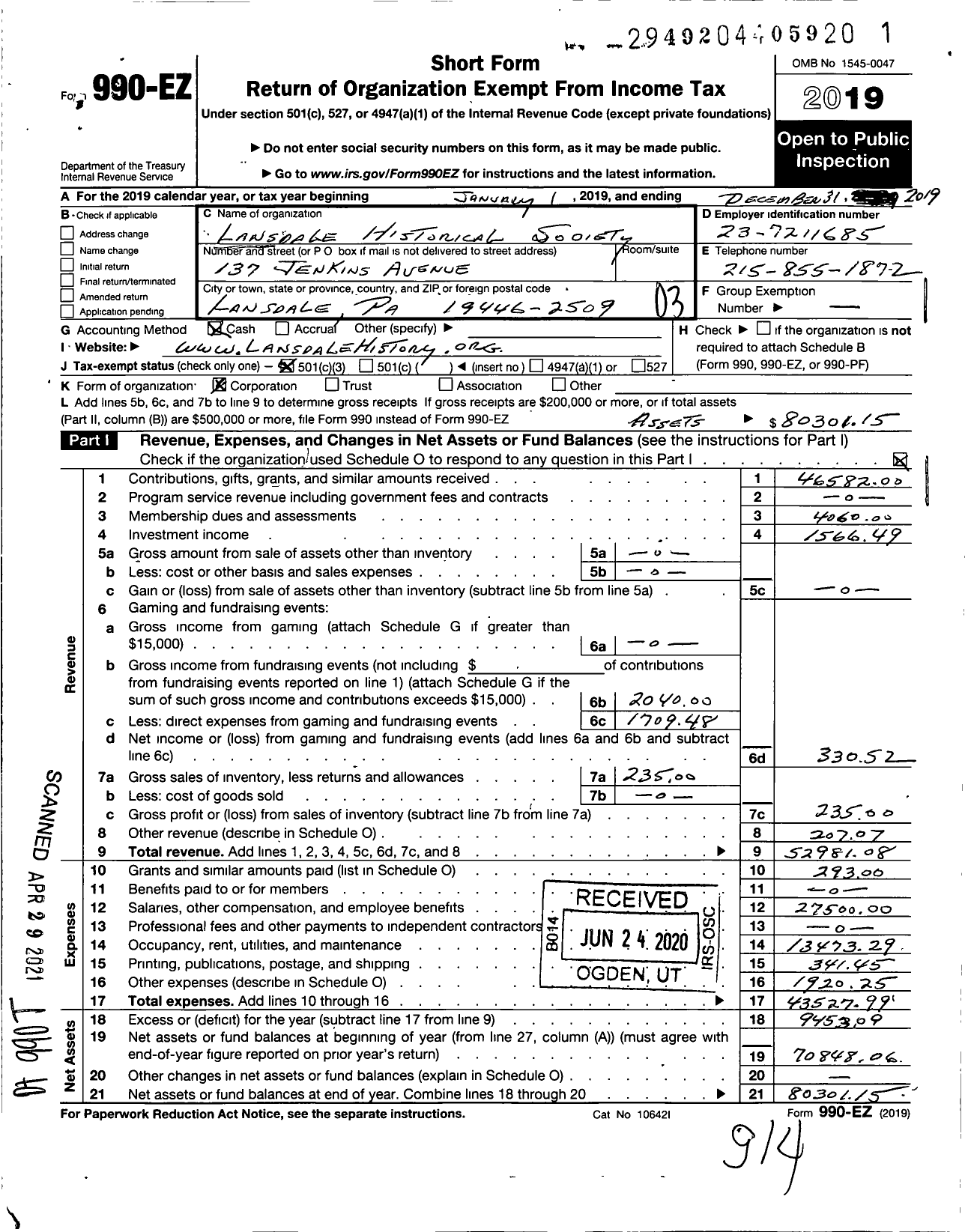 Image of first page of 2019 Form 990EZ for Lansdale Historical Society