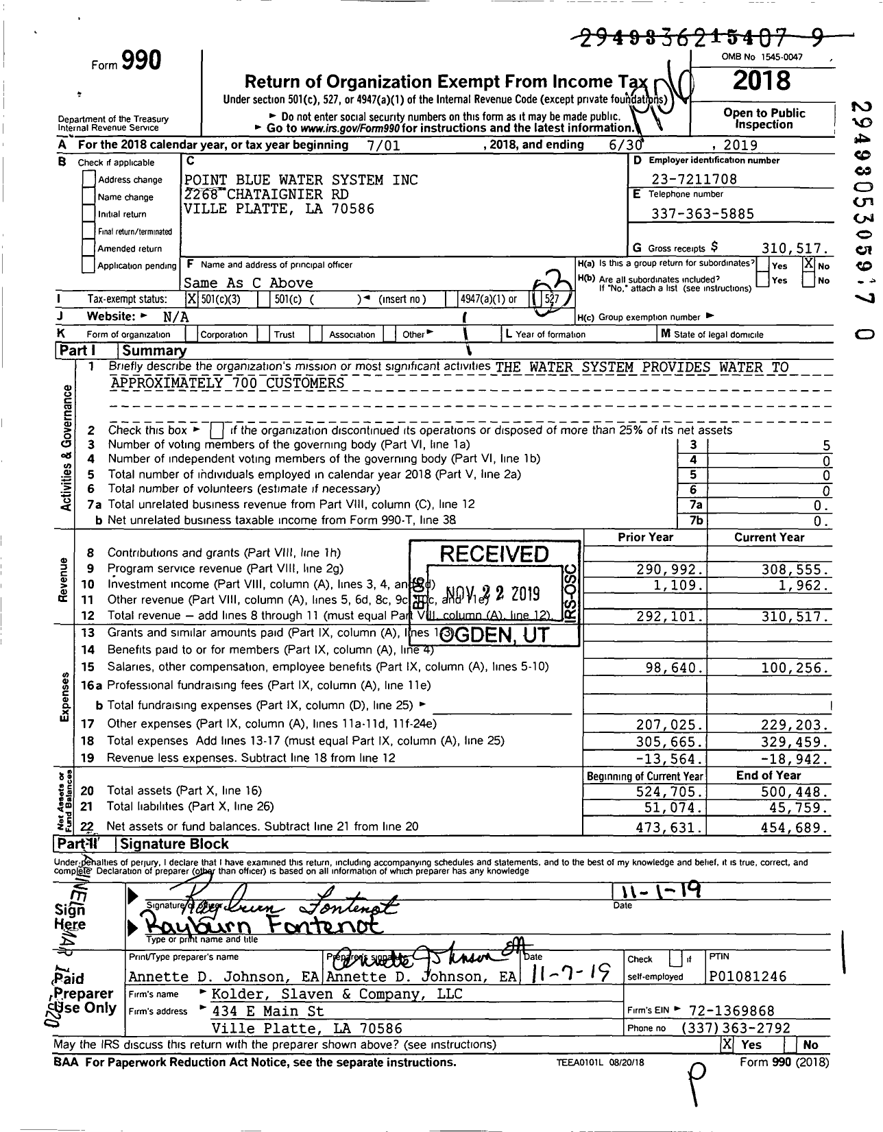 Image of first page of 2018 Form 990 for Point Bluechataignier Water System