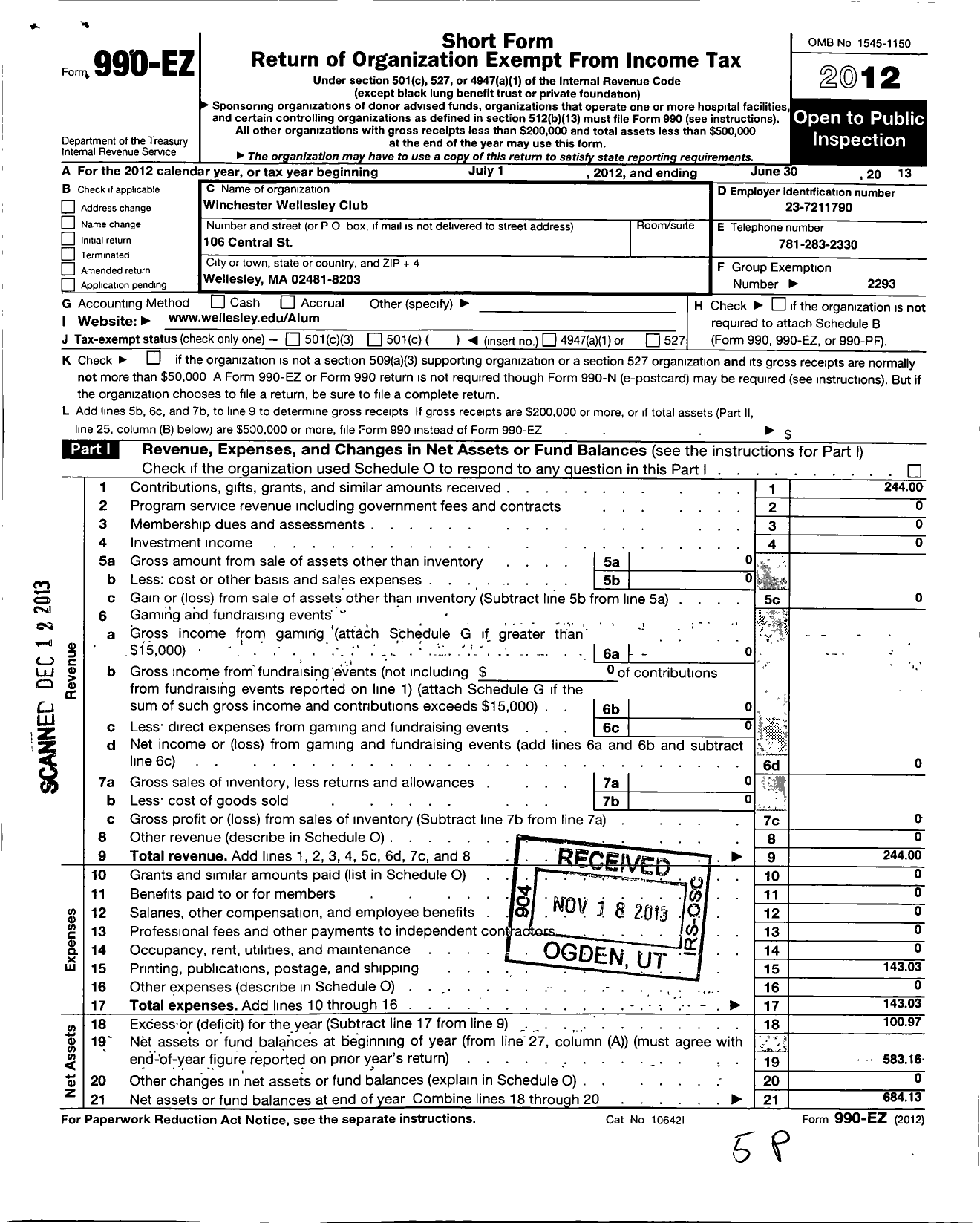 Image of first page of 2012 Form 990EO for Wellesley College Alumnae Association / Winchester Wellesley Club