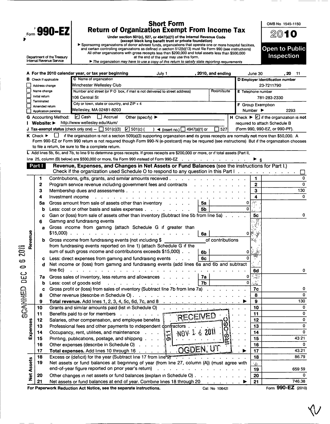 Image of first page of 2010 Form 990EO for Wellesley College Alumnae Association / Winchester Wellesley Club