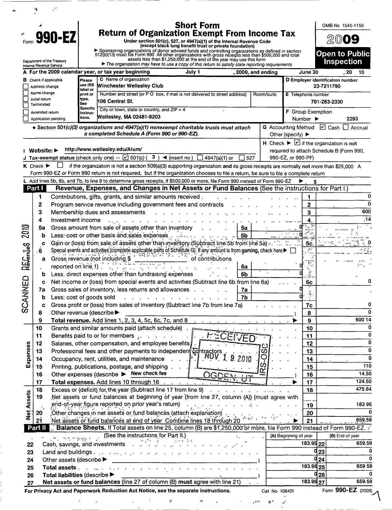 Image of first page of 2009 Form 990EZ for Wellesley College Alumnae Association / Winchester Wellesley Club