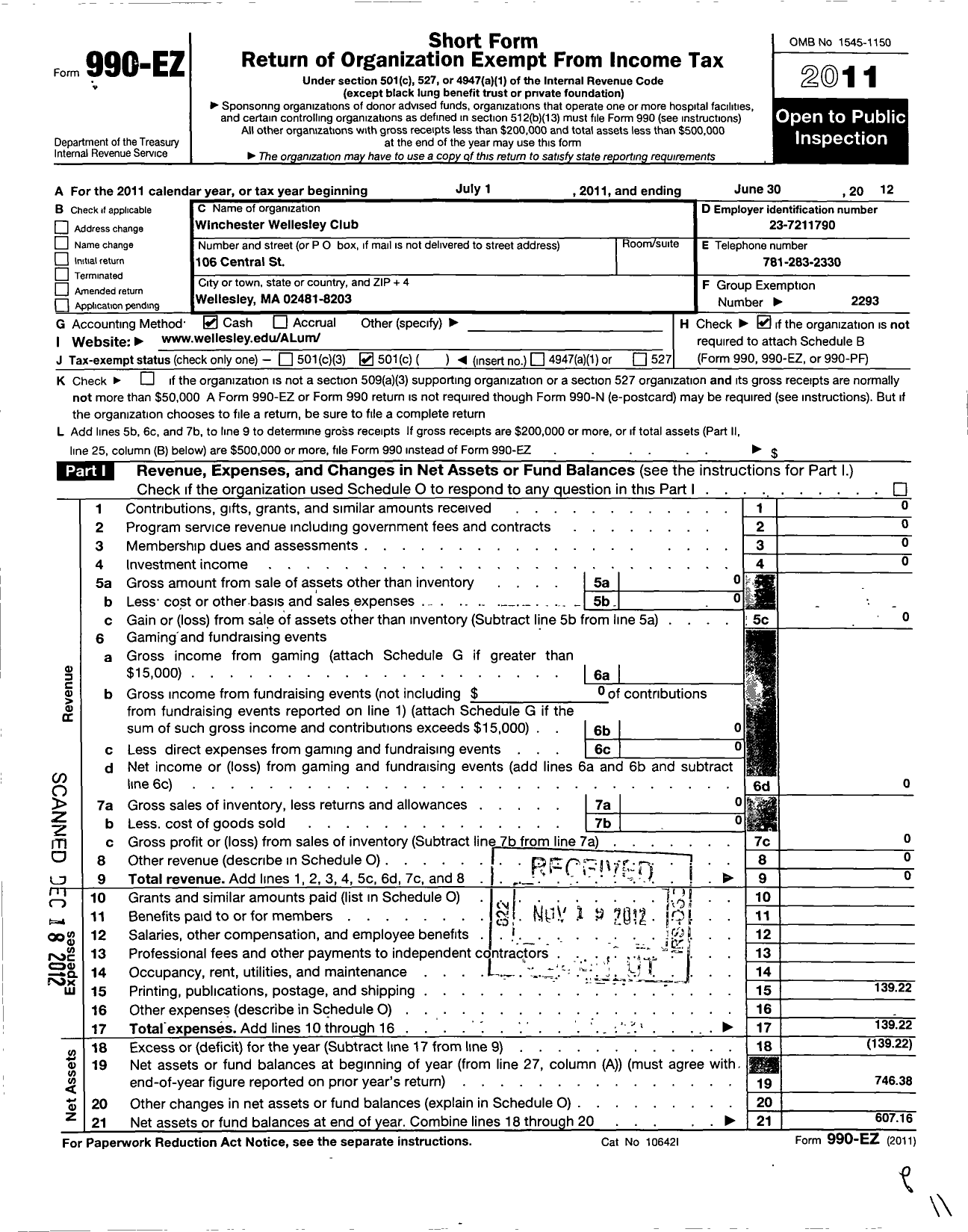 Image of first page of 2011 Form 990EO for Wellesley College Alumnae Association / Winchester Wellesley Club