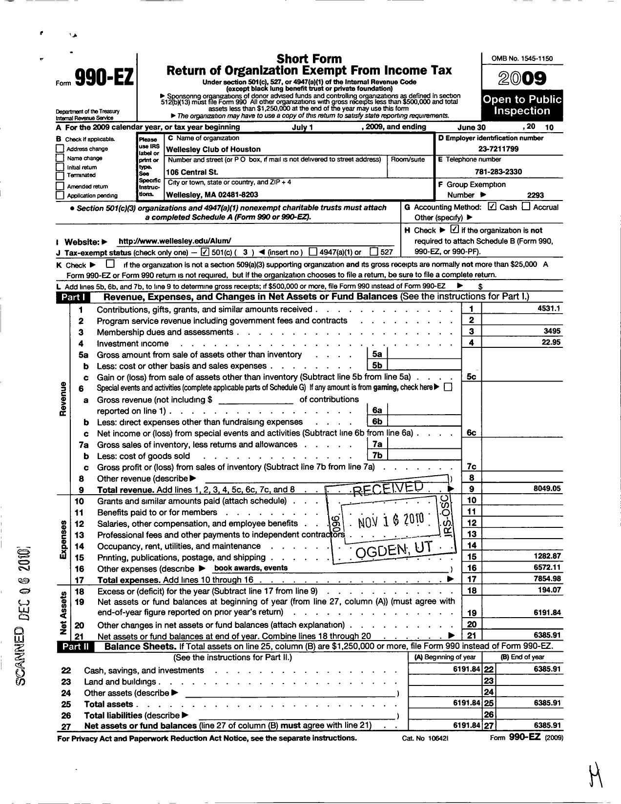 Image of first page of 2009 Form 990EZ for Wellesley College Alumnae Association / Wellesley Club of Houston